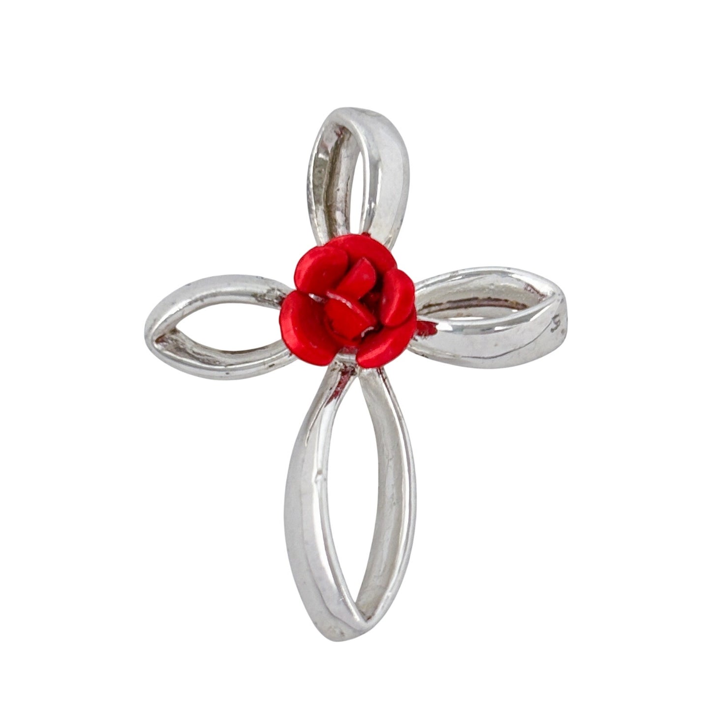 Vintage Sterling Silver 925 Red Rose Cross Pendant