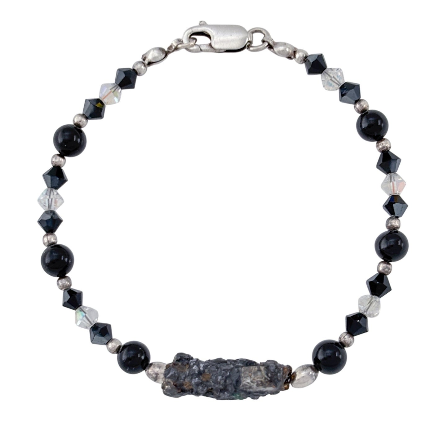 Vintage Sterling Silver 925 Black Crystal Quartz Beaded Bracelet 6.5"