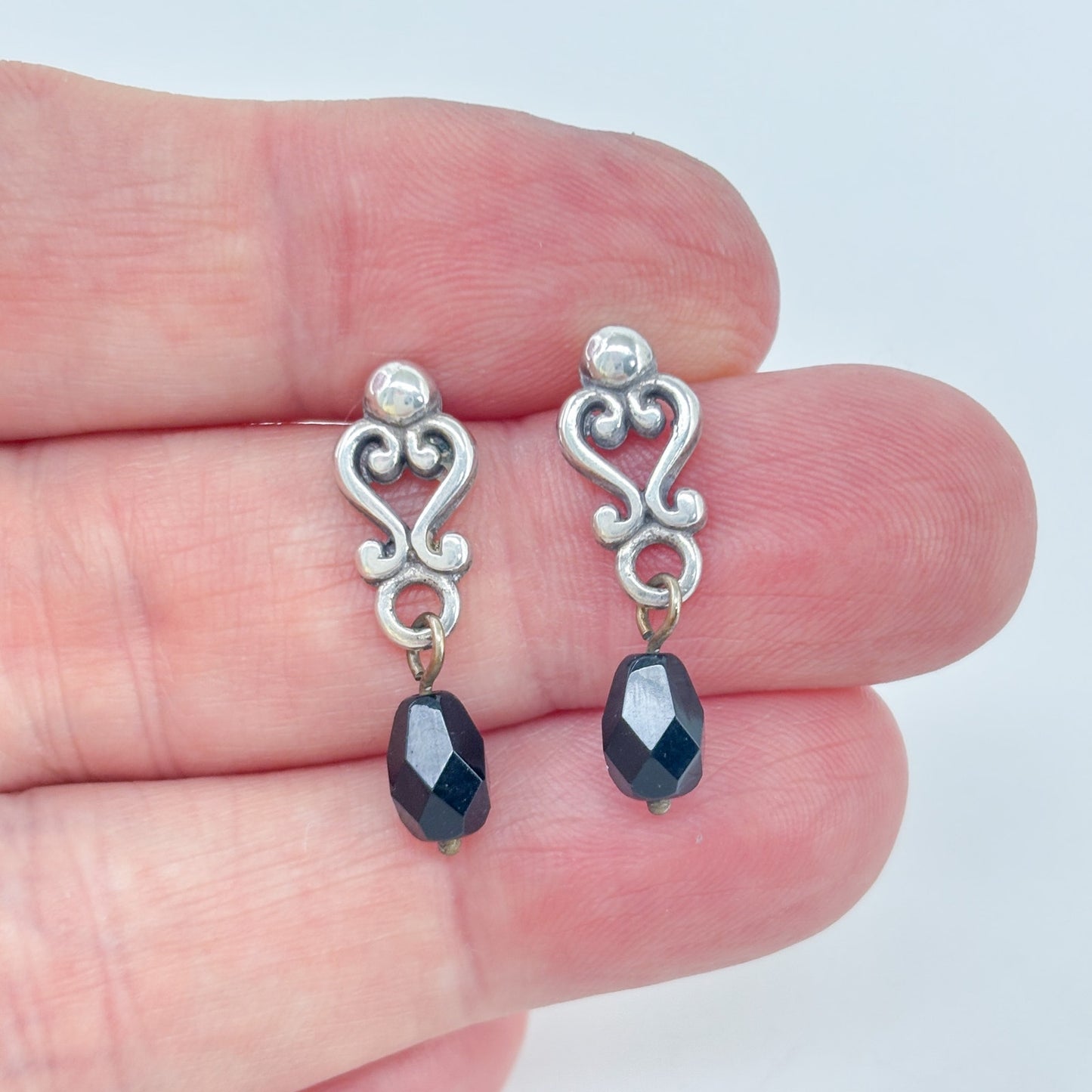 Vintage Sterling Silver 925 Melanite Black Garnet Drop Earrings