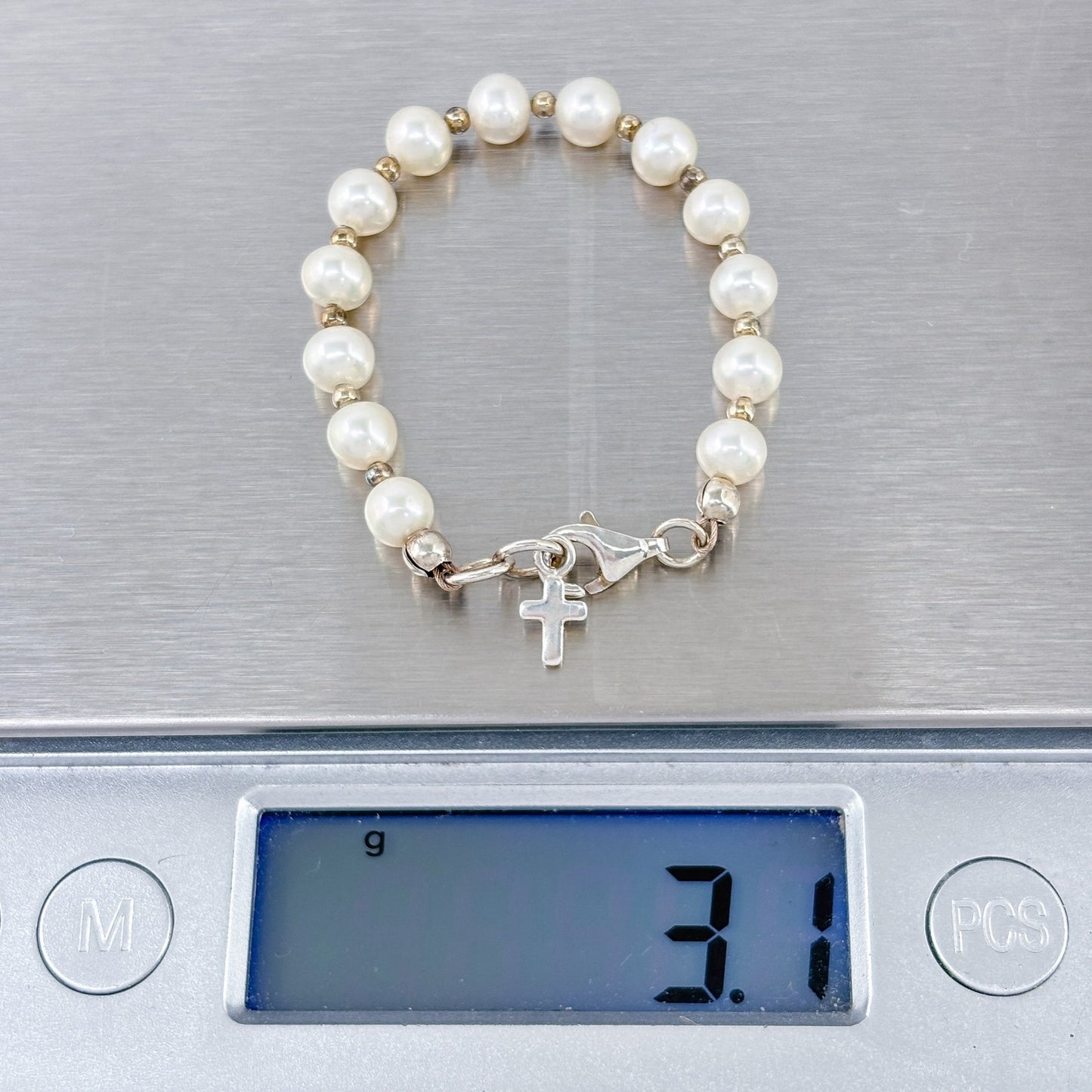 Vintage Sterling Silver 925 Pearl Baby Christening Bracelet 4"