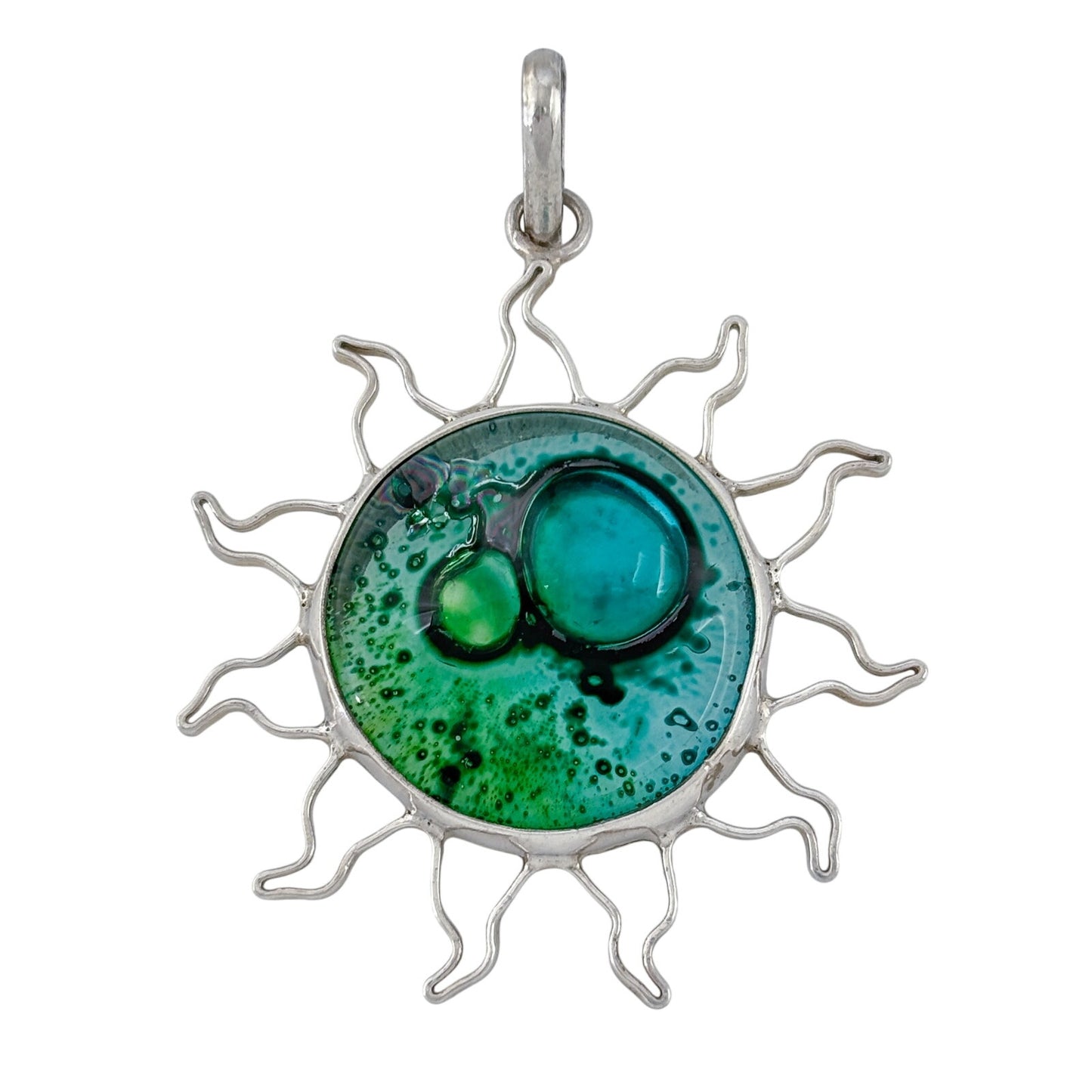 Vintage Sterling Silver 925 Green Glass Sun Pendant