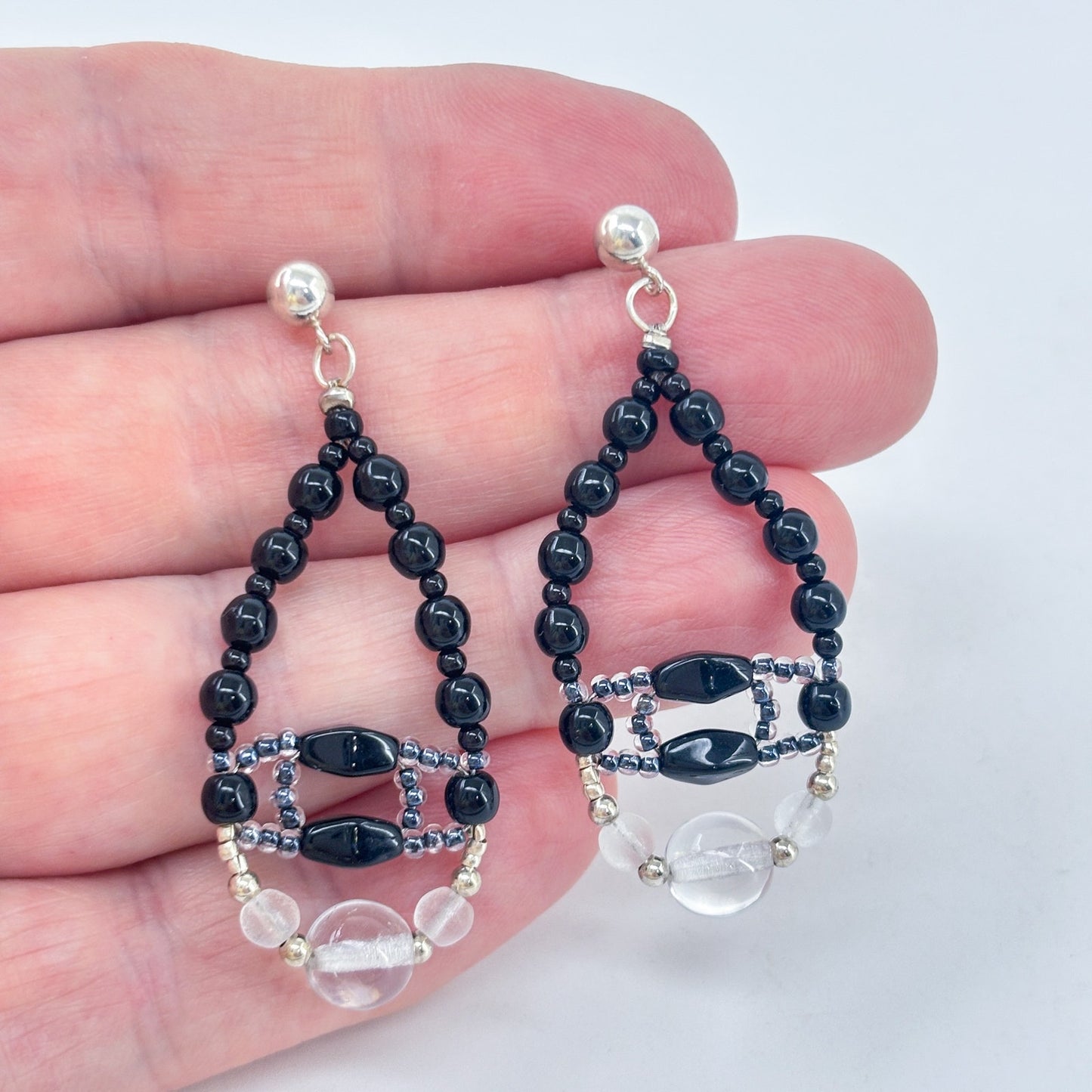 Vintage Sterling Silver 925 Black Bead Teardrop Chandelier Earrings