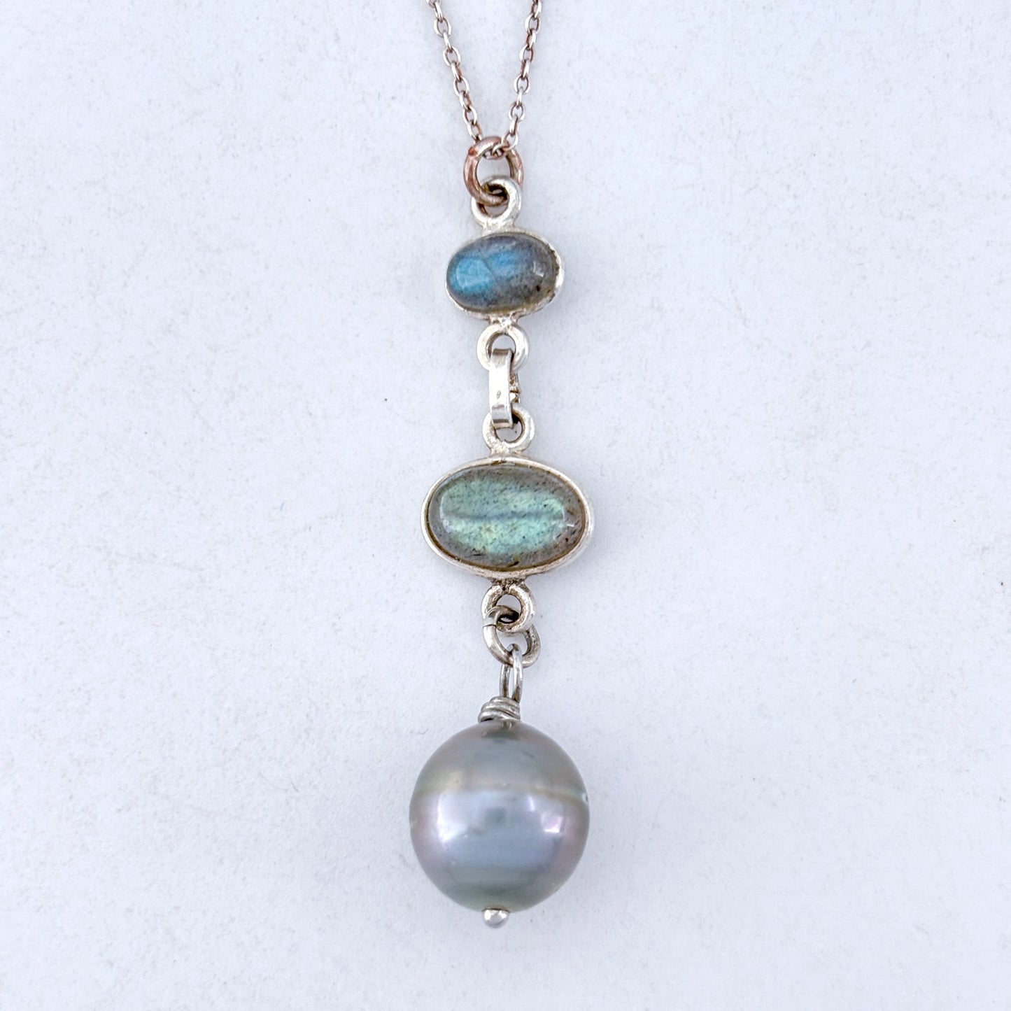 Vintage Sterling Silver 925 Labradorite Pearl Pendant Necklace 18"