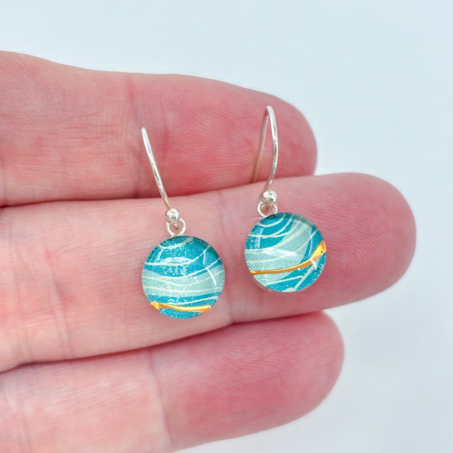 Vintage Sterling Silver 925 Blue Gold Swirl Glass Drop Earrings