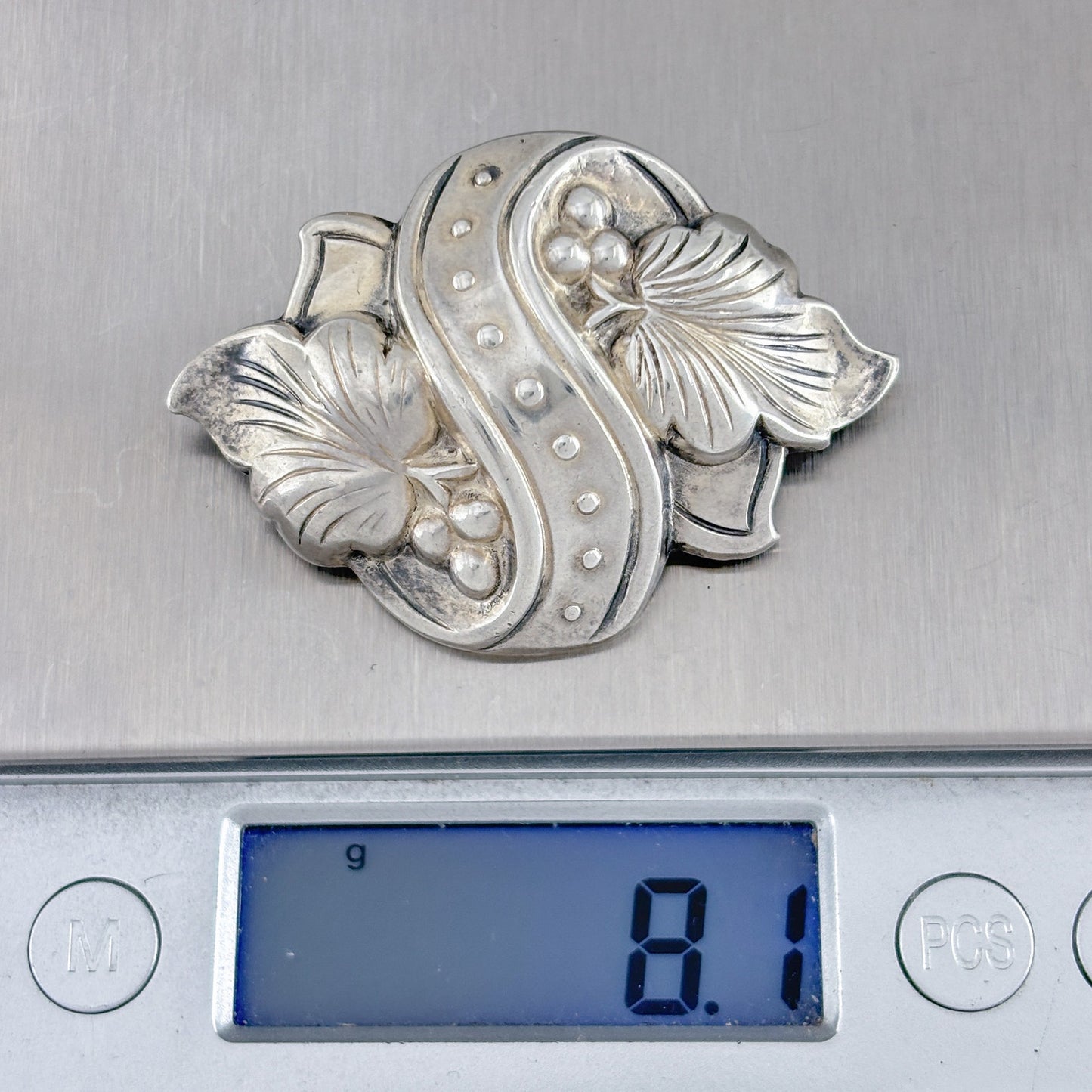 Vintage Sterling Silver 925 Floral Leaf Berry Brooch