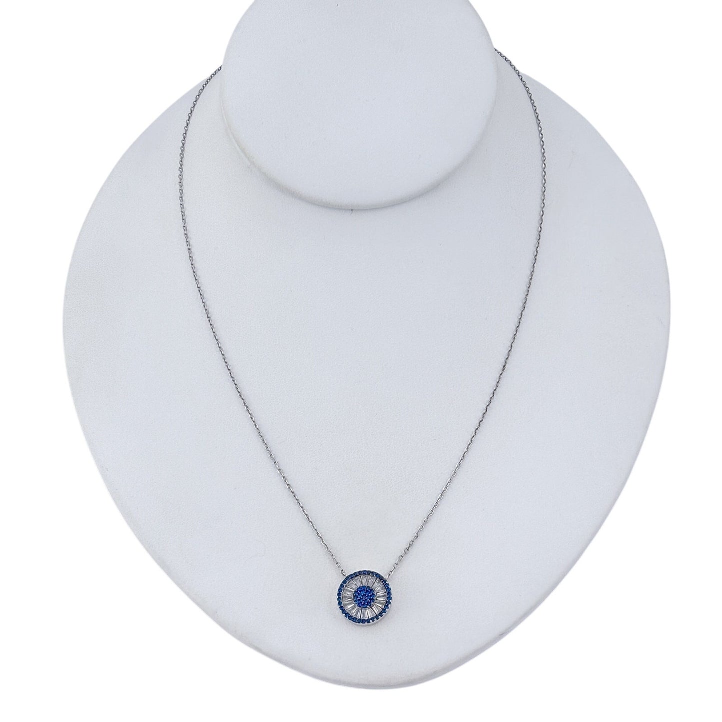 Vintage Sterling Silver Blue Cubic Zirconia Evil Eye Pendant Necklace 16"-18"