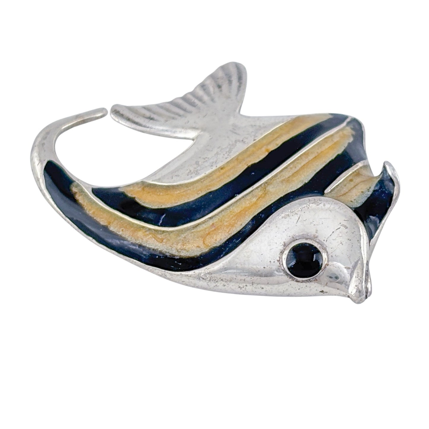 Vintage Sterling Silver 925 Enamel Fish Onyx Eye Brooch