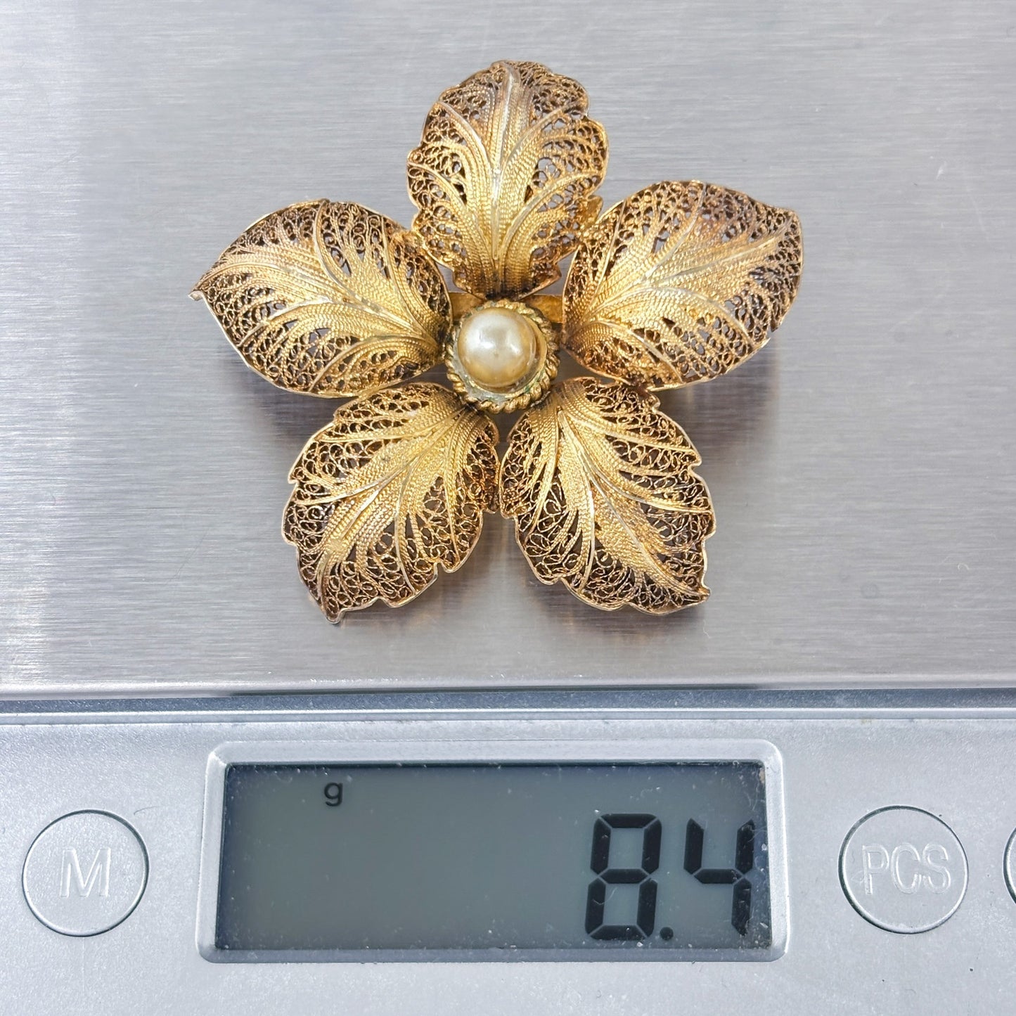 Vintage Topazio Portugal Gold-Tone Sterling Silver Pearl Filigree Flower Brooch