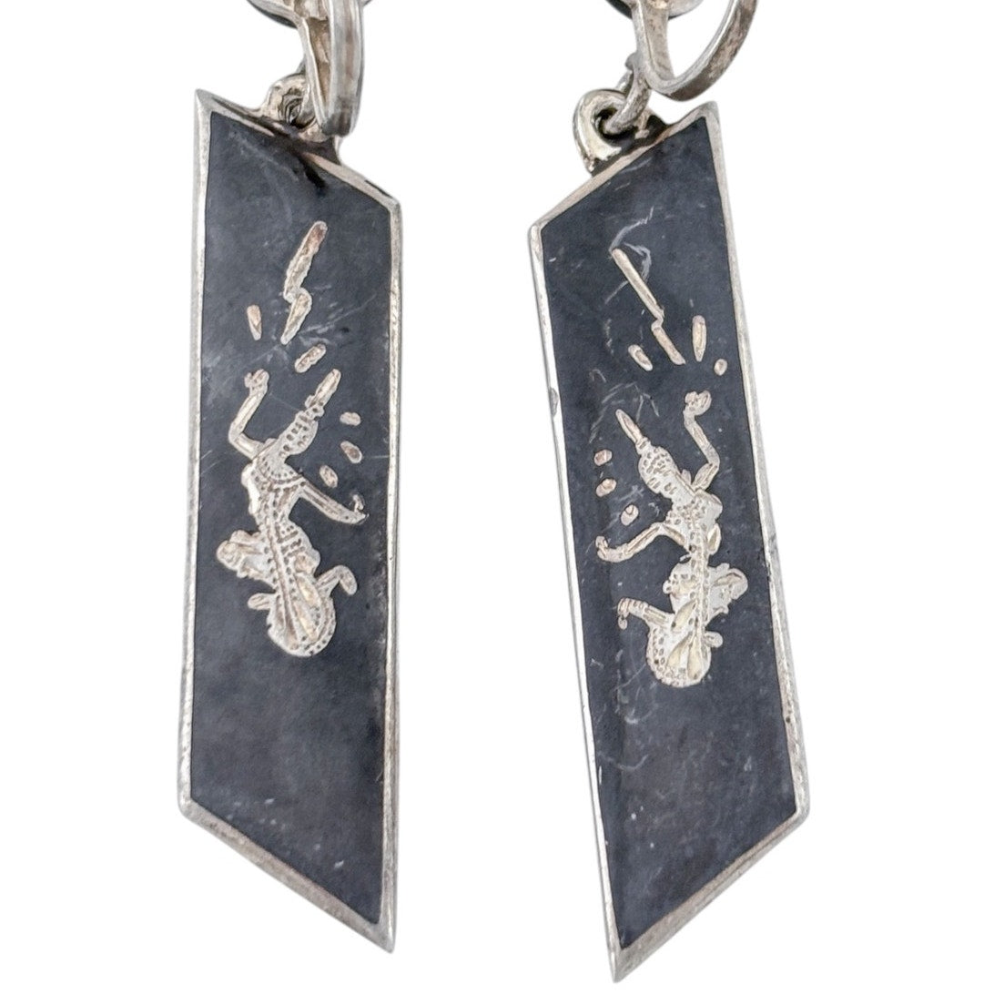 Vintage Sterling Silver 925 Black Siam Niello Long Drop Earrings