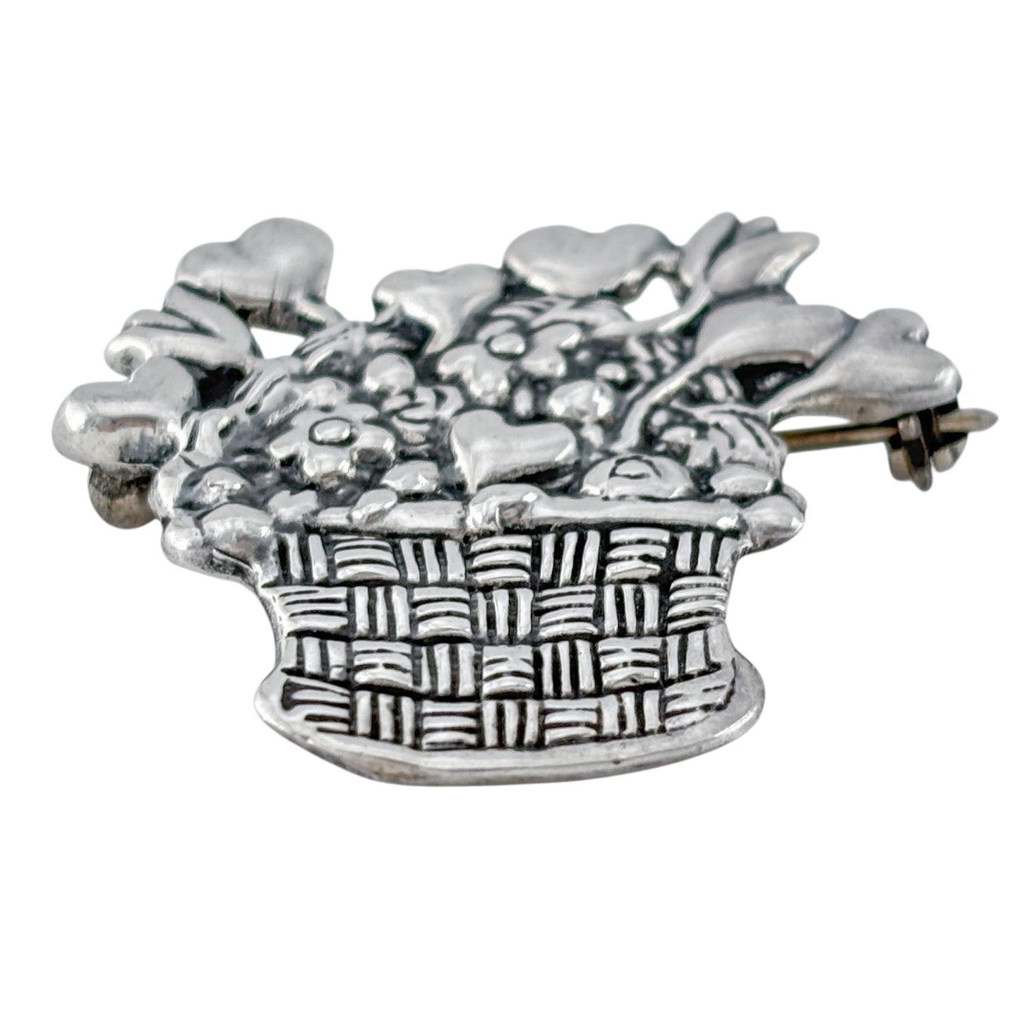 Vintage Sterling Silver 925 Mary Engelbreit Heart Flower Basket Brooch
