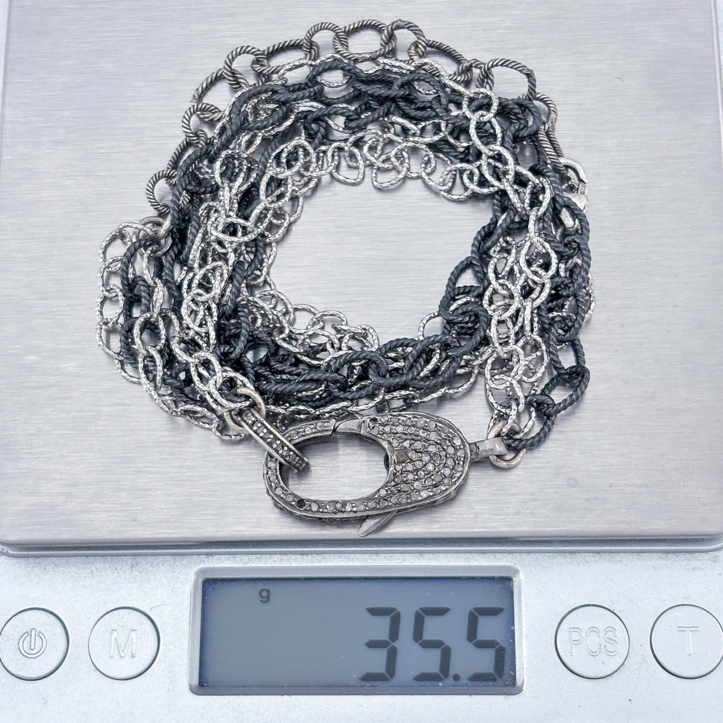 Vintage Sterling Silver 925 Pave Diamond Lock Multi Chain Necklace 18.5"-21.5"