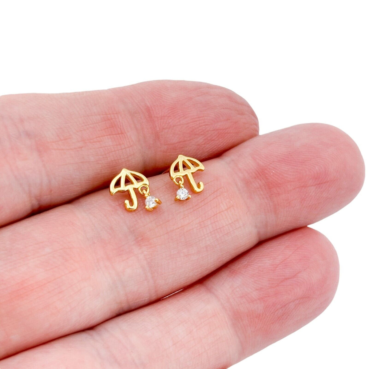Vintage Sterling Silver 925 Gold-Tone Umbrella Cubic Zirconia Stud Earrings