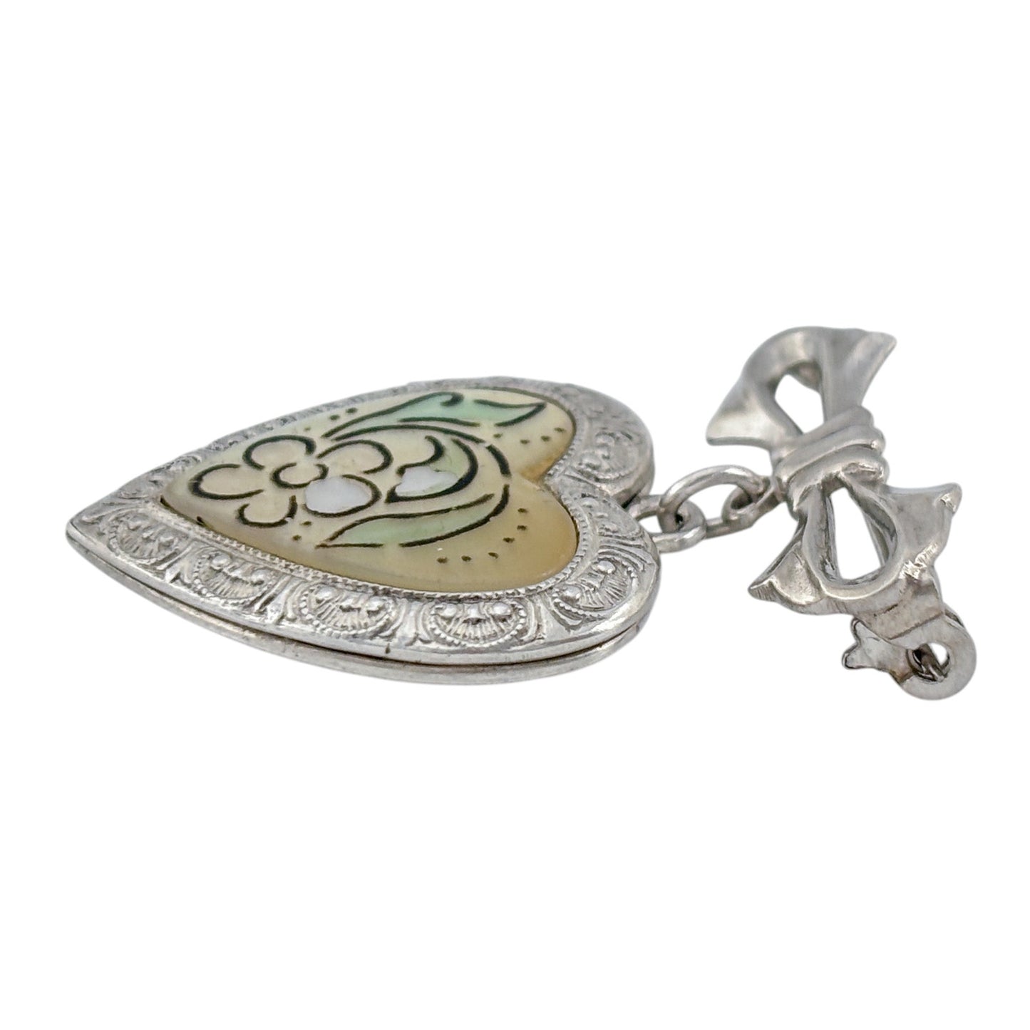 Vintage Sterling Silver 925 Floral Mother of Pearl Heart Locket Brooch