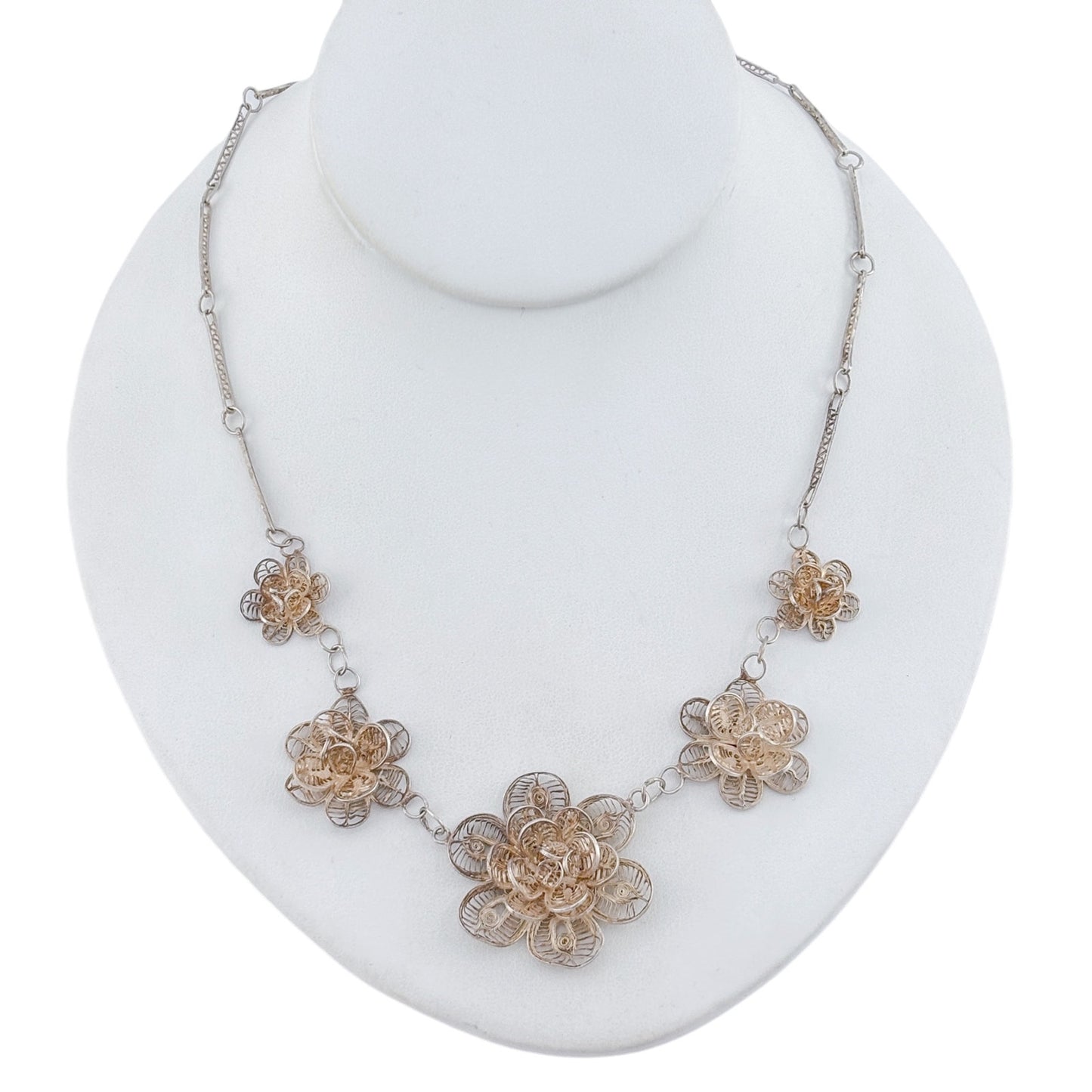 Vintage Mexico Sterling Silver 925 Filigree Flower Necklace 19"