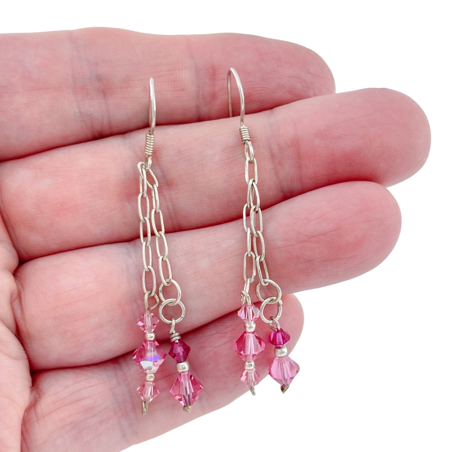 Vintage Sterling Silver 925 Pink Crystal Chain Dangle Earrings