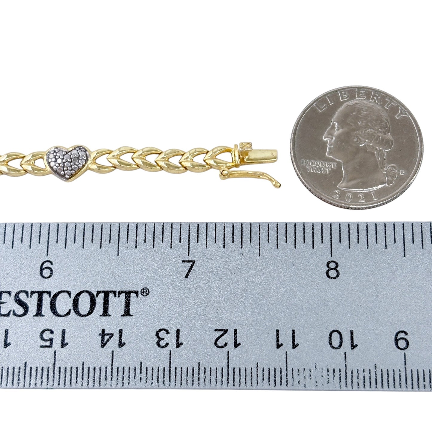 Vintage Gold-Tone Sterling Silver 925 Diamond Heart Link Bracelet 7.5"