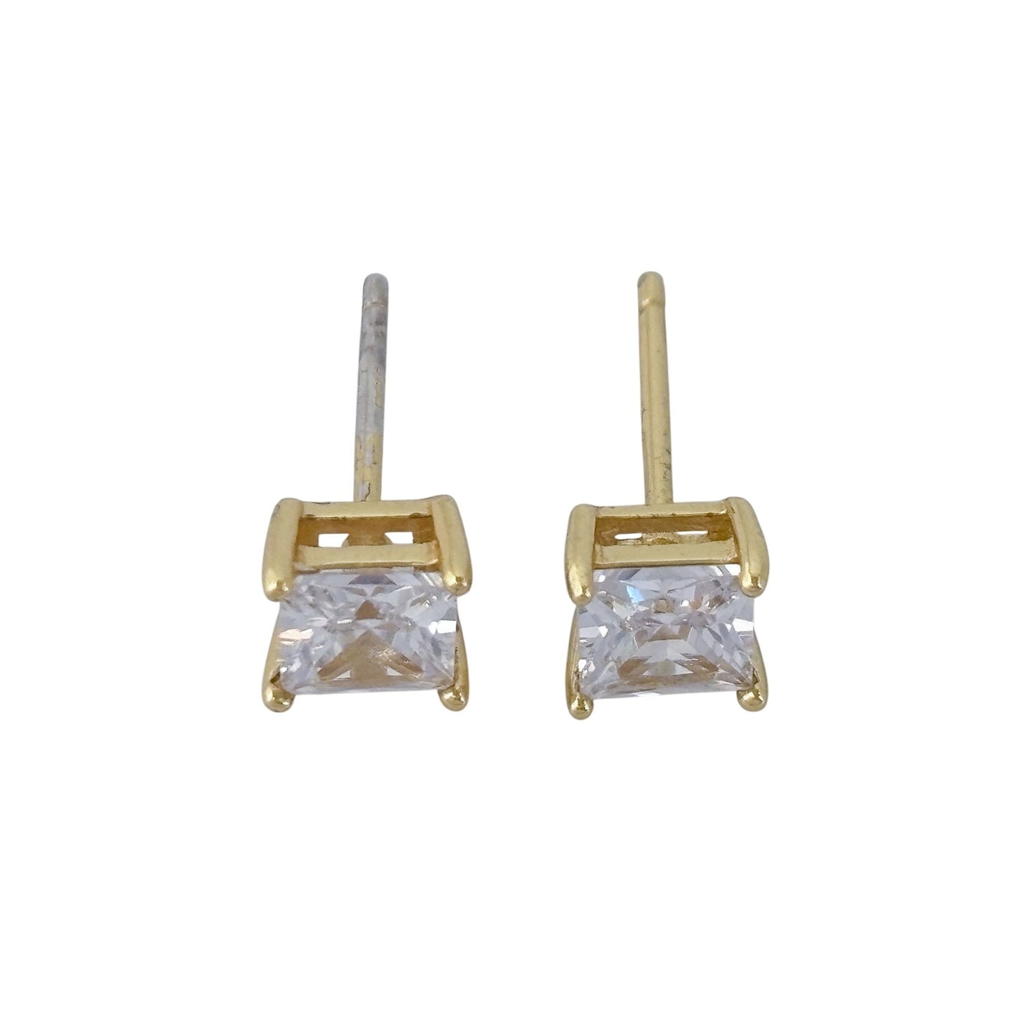 Vintage Gold-Tone Sterling Silver 925 Cubic Zirconia Square Stud Earrings