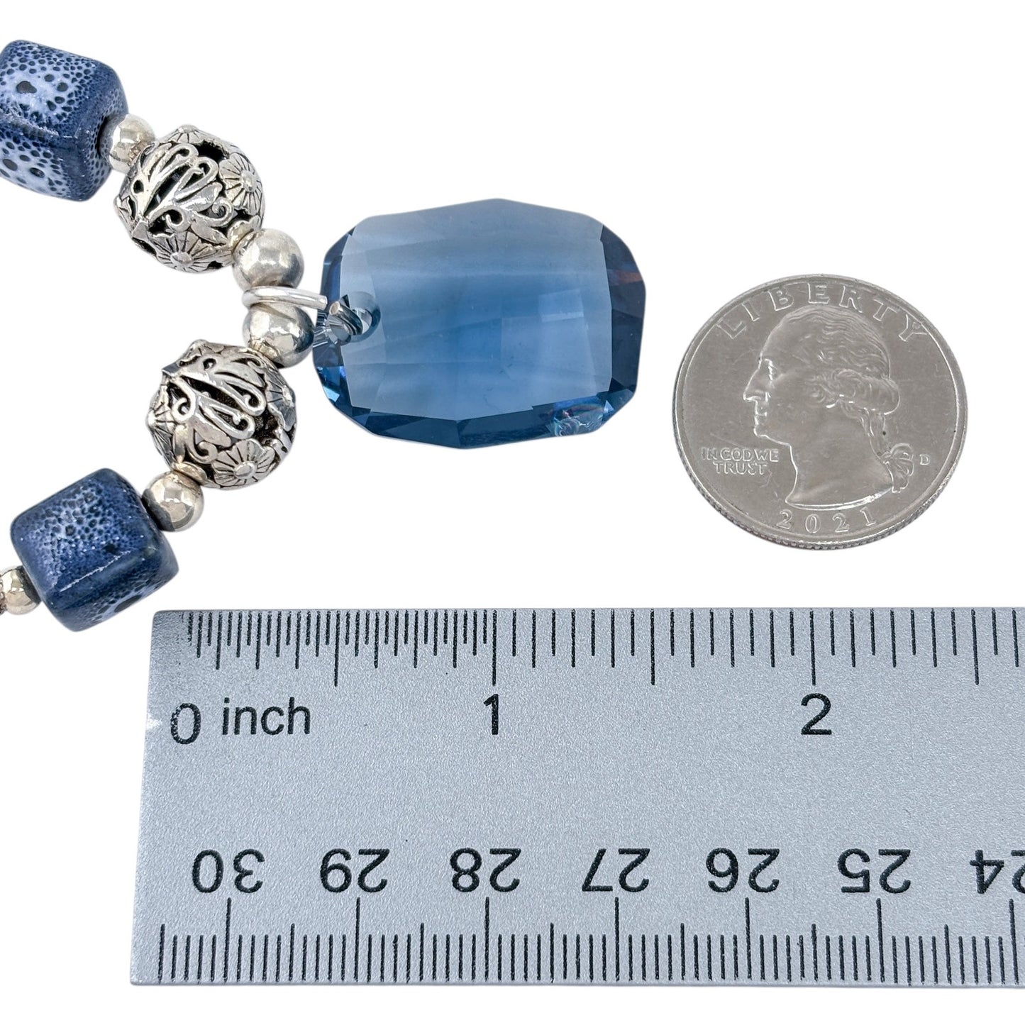 Estate Sterling Silver 925 Porcelain Blue Swarovski Necklace 17.5"-19.5"