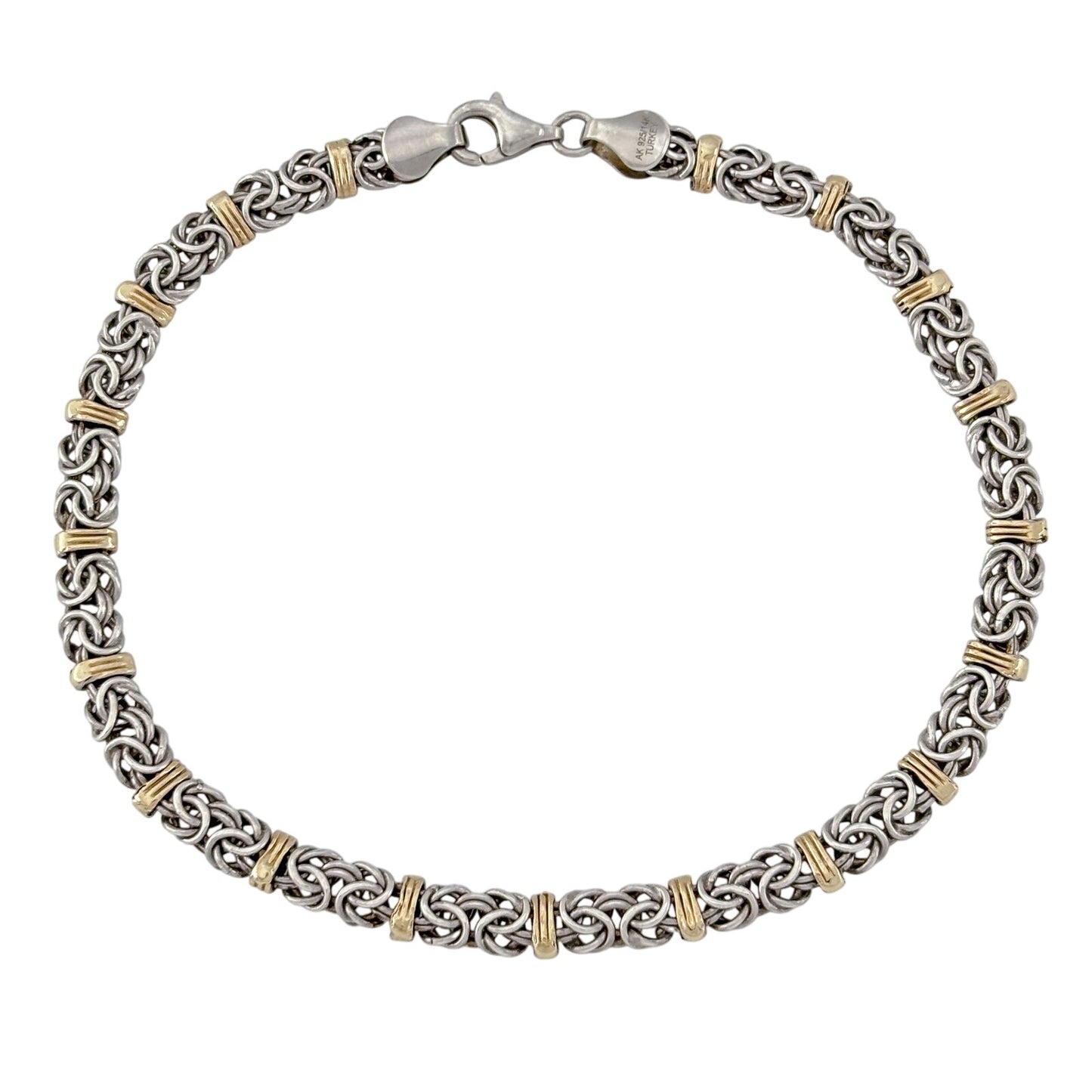 Vintage Sterling Silver 14K 925 Byzantine Gold Accent Bracelet 8"