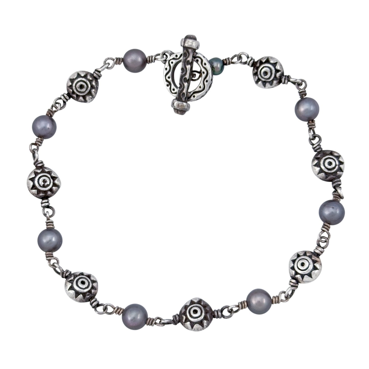 Vintage Sterling Silver 925 Gray Pearl Toggle Bracelet 7"