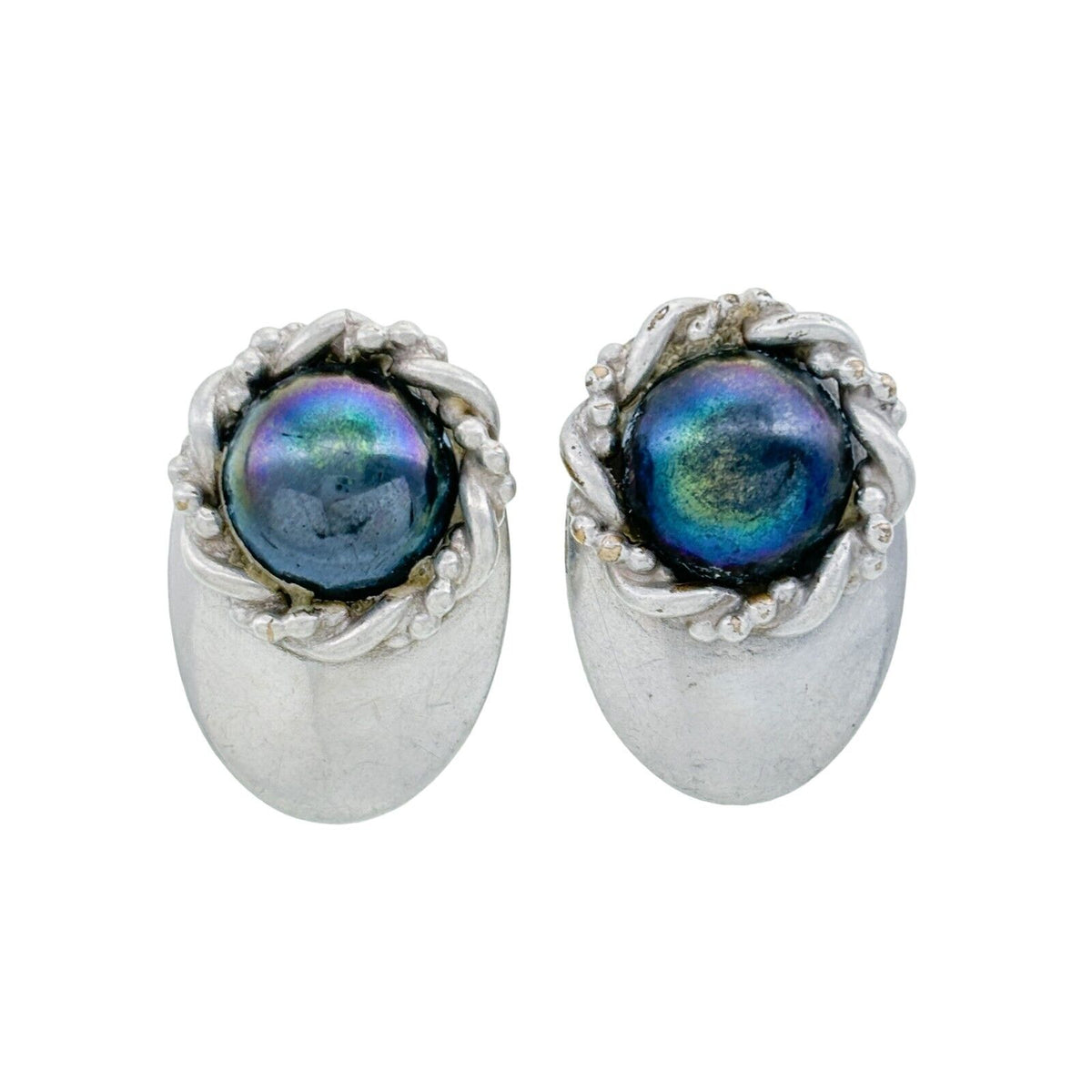 Vintage Silver-Plated Iridescent Glass Cabochon Clip-On Earrings
