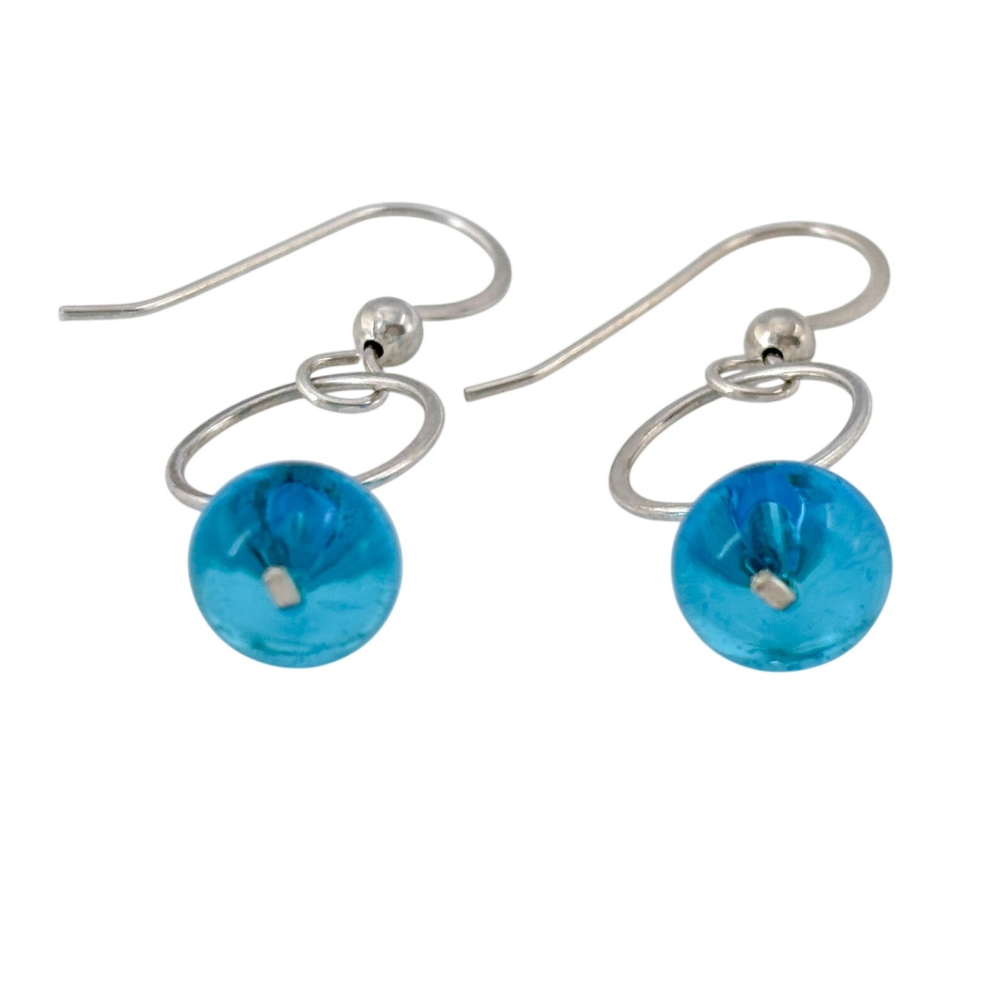 Vintage Sterling Silver 925 Blue Glass Hoop Dangle Earrings