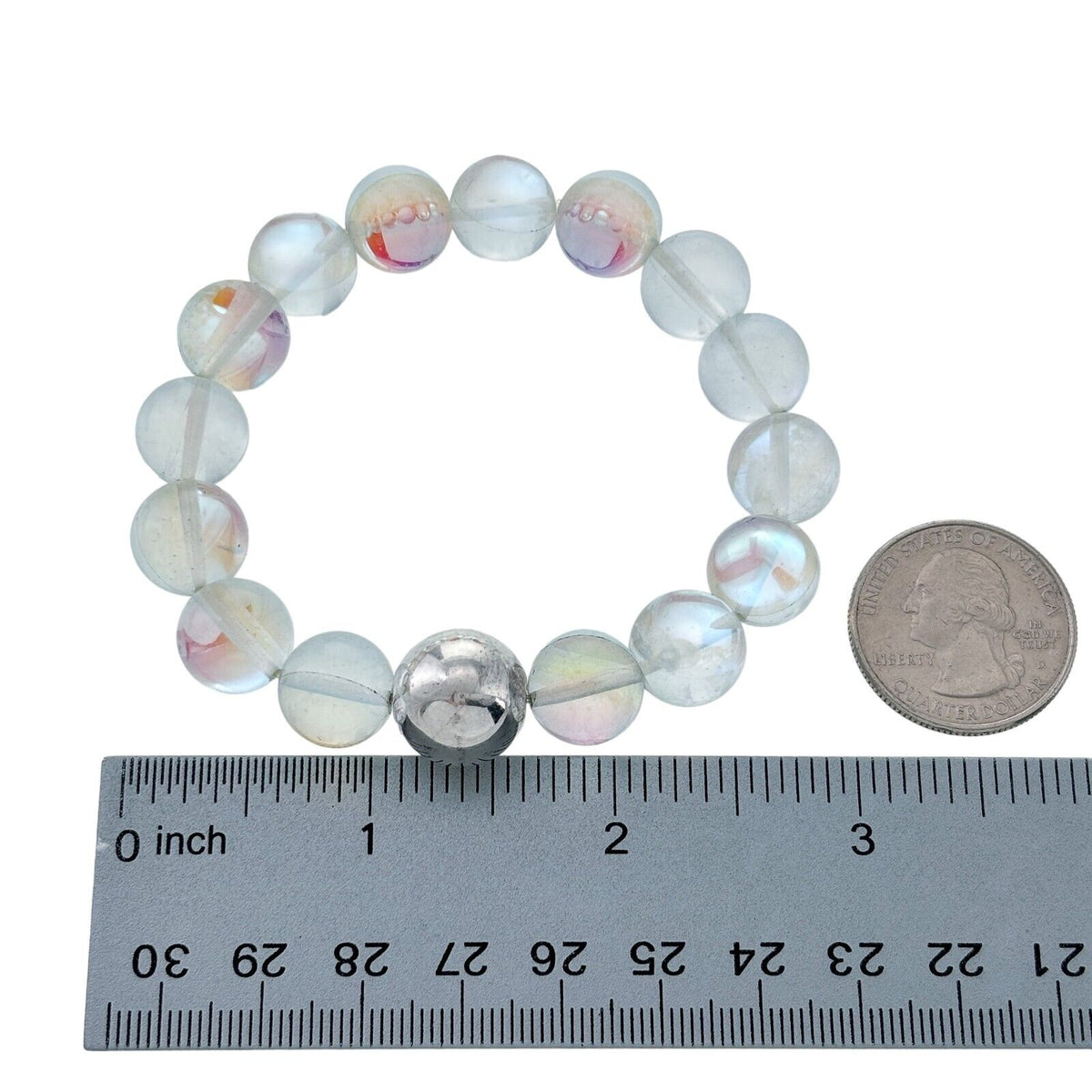 Vintage Silver-Tone Opalescent Frosted Glass Bead Stretch Bracelet 6.25"