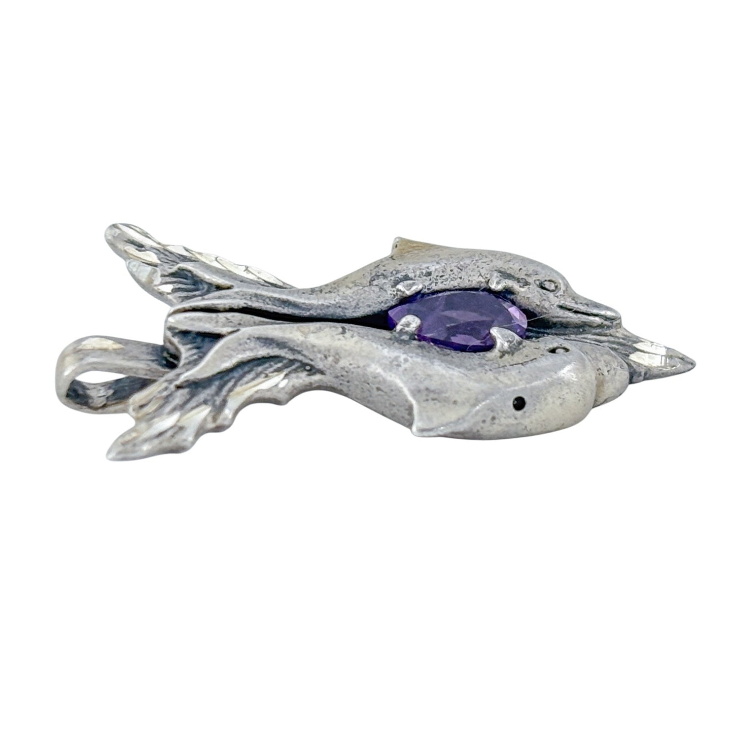 Vintage Sterling Silver 925 Amethyst Twin Dolphin Pendant