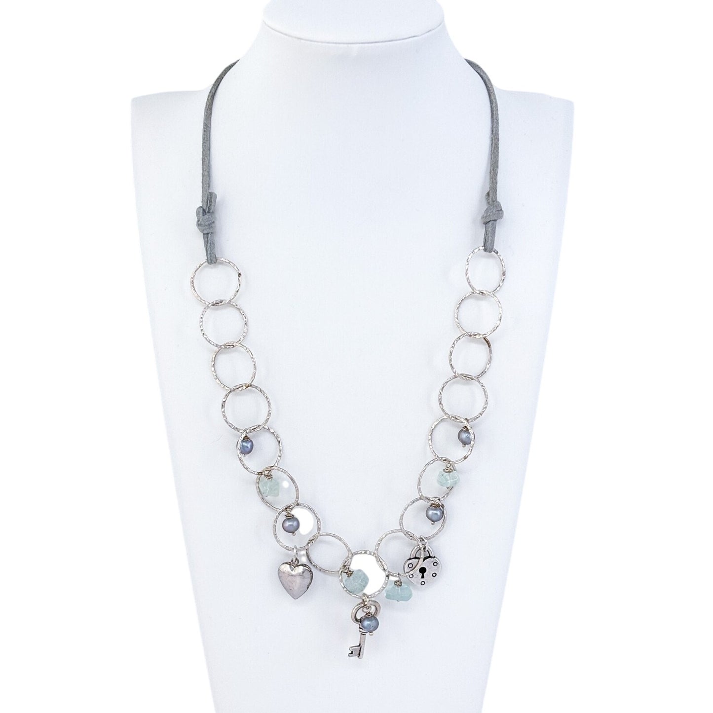 Silver-Plated Aquamarine Faux Pearl Suede Lock Key Heart Charm Necklace 21"