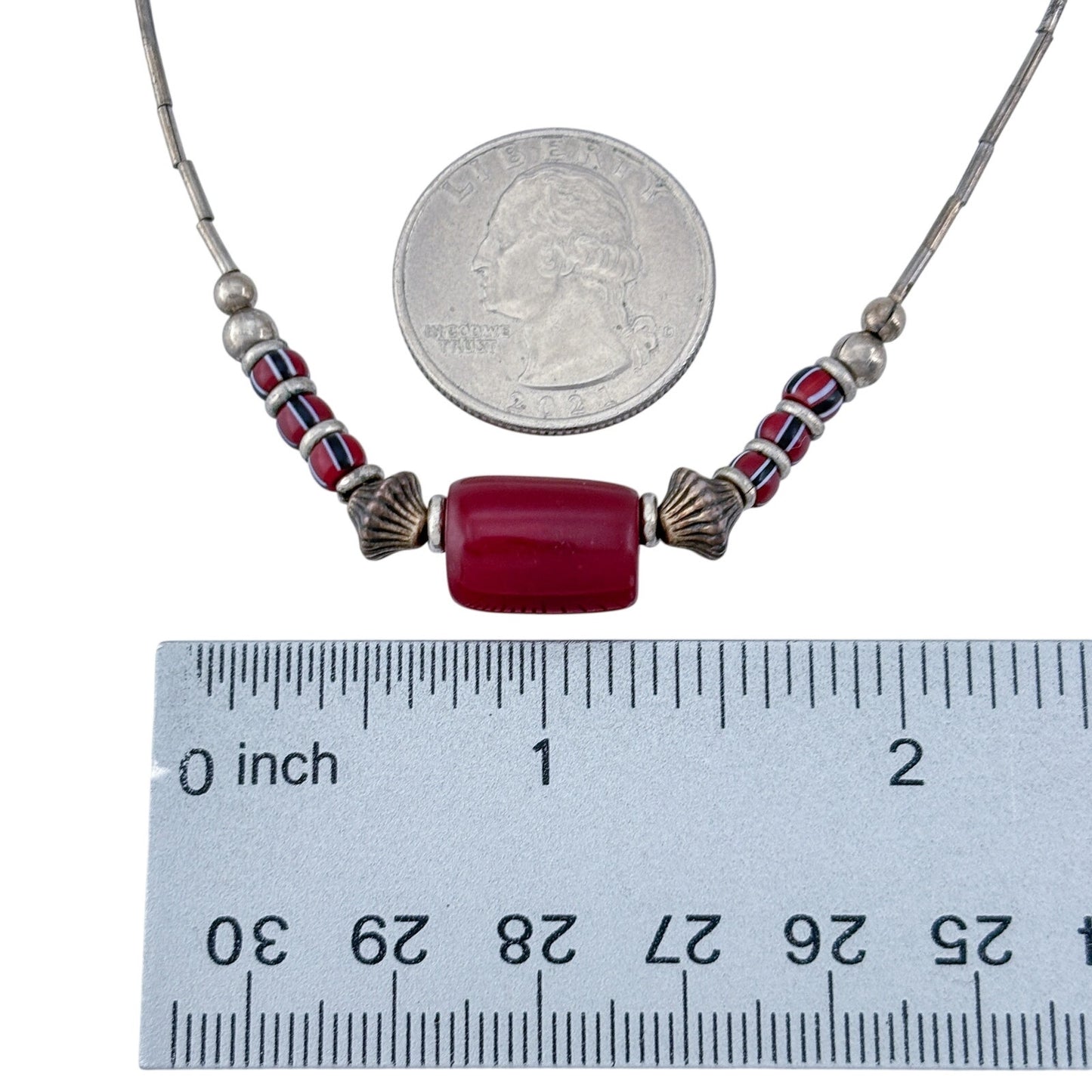 Vintage Sterling Silver 925 Liquid Silver Red Glass Necklace 15"