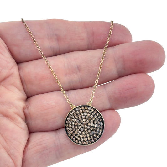Vintage Gold-Tone Sterling Silver 925 Pave Crystal Disc Pendant Necklace 17"-19"