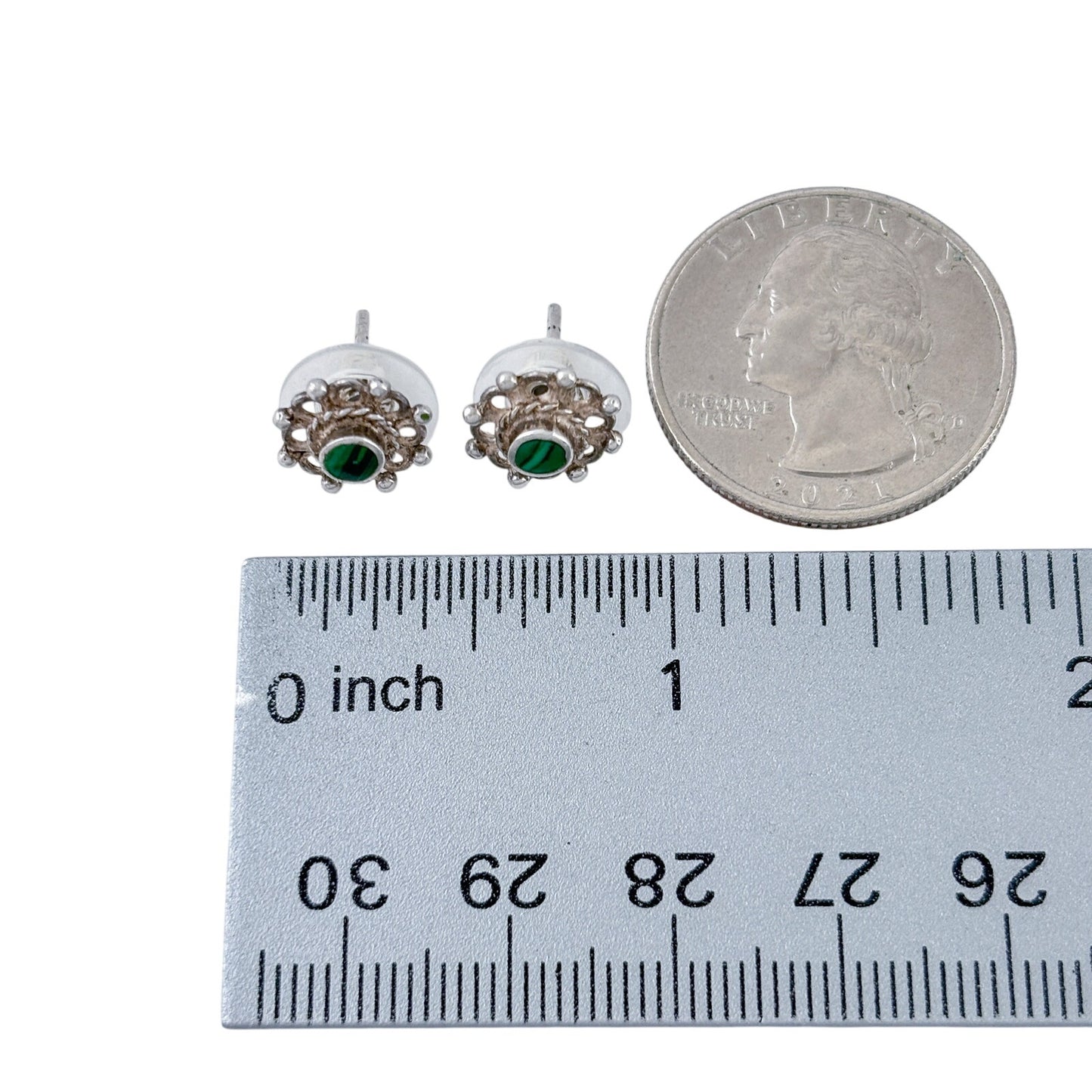 Vintage Sterling Silver 925 Malachite Filigree Stud Earrings