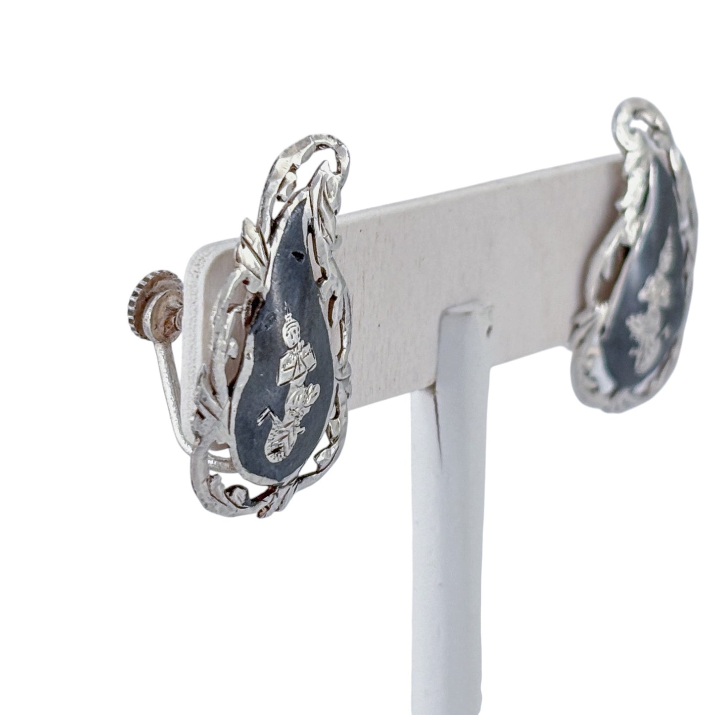 Vintage Sterling Silver 925 Siam Niello Dancer Screw Back Earrings