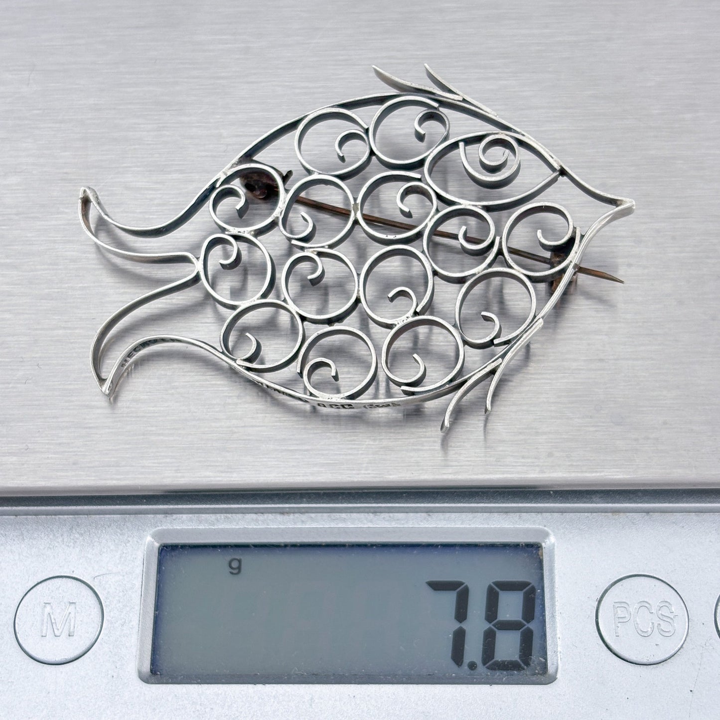 Vintage Mexico Taxco Sterling Silver 925 Fish Filigree Brooch