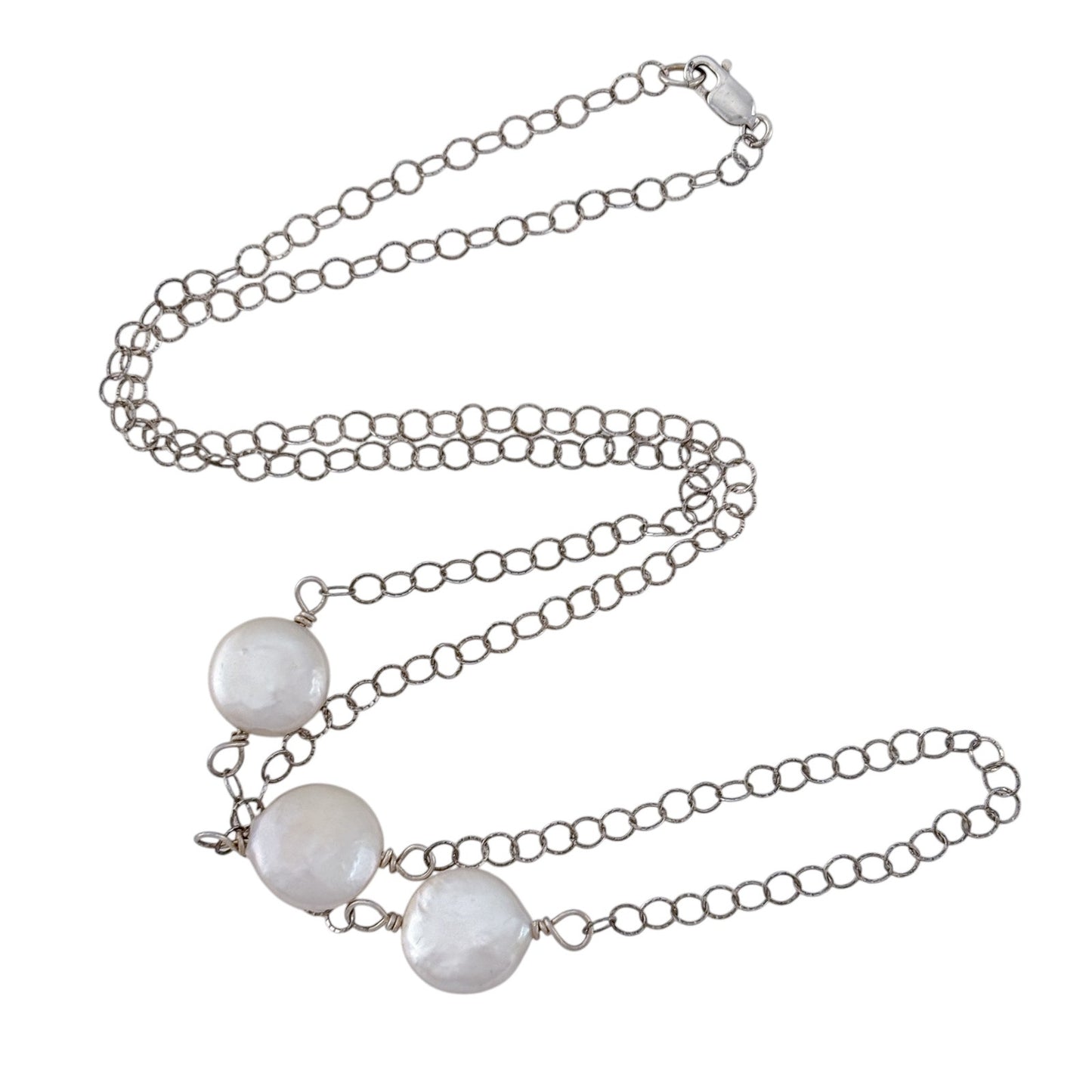 Vintage Sterling Silver 925 Coin Pearl Chain Necklace 24.5"