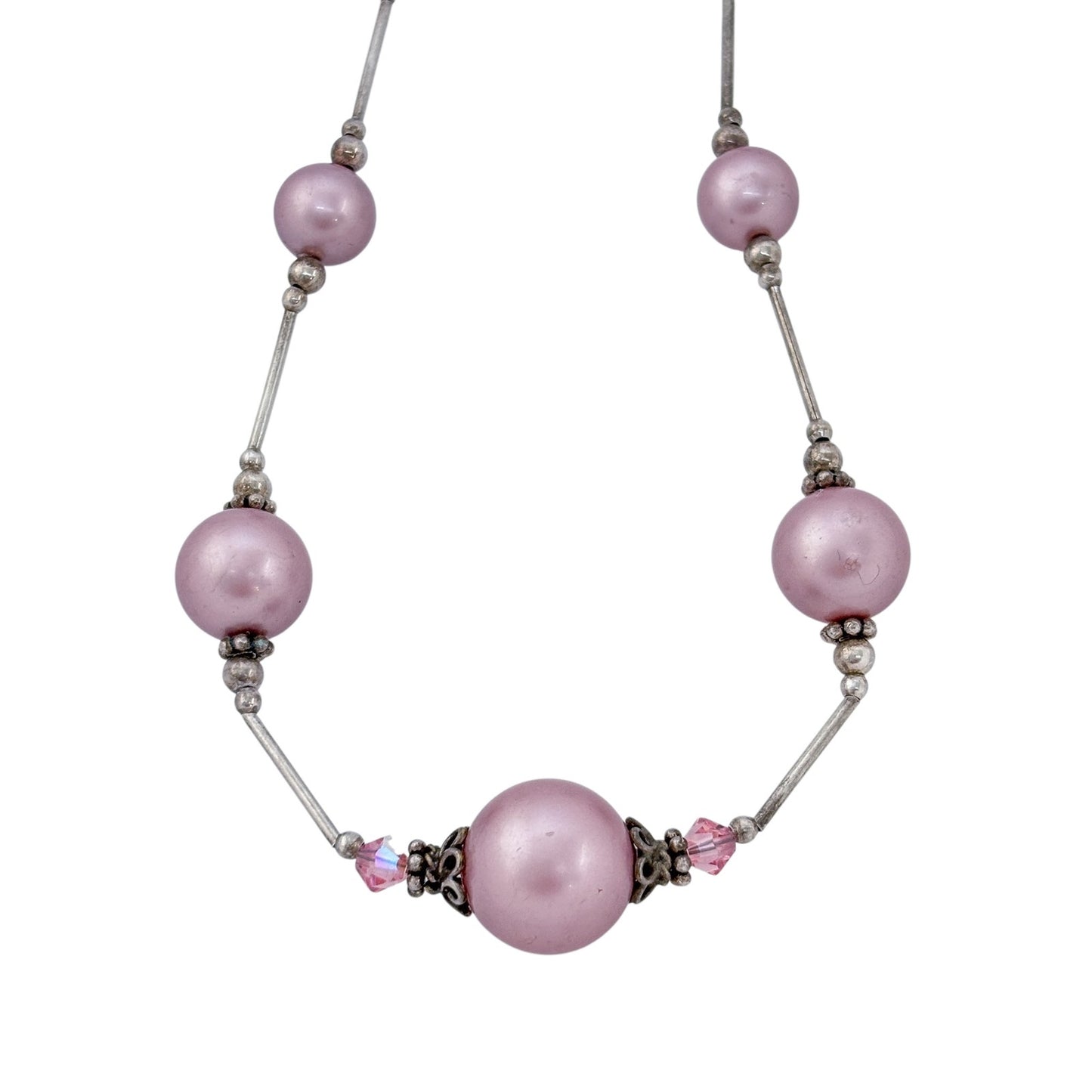 Vintage Sterling Silver 925 Imitation Pink Pearl Crystal Necklace 16"-19"