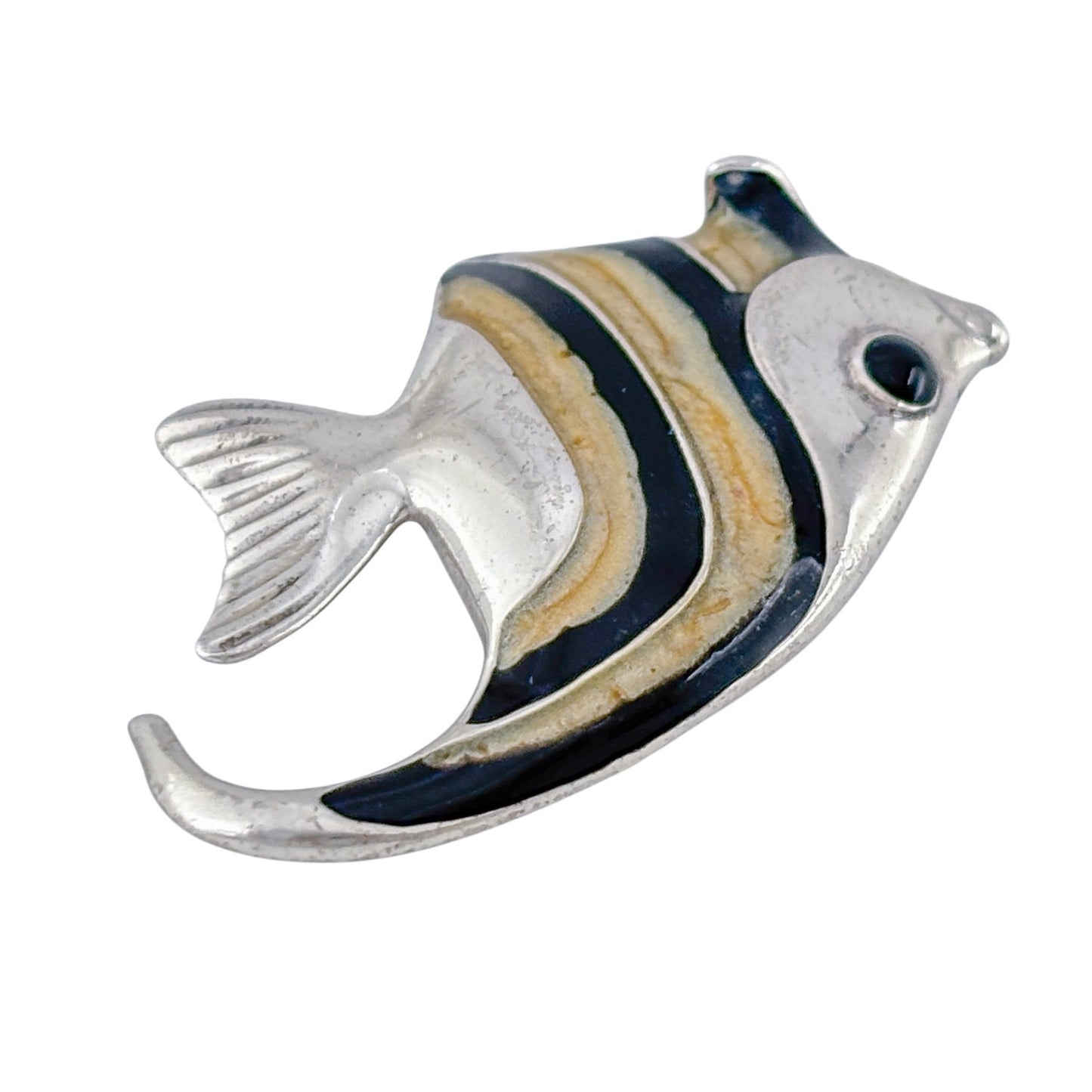 Vintage Sterling Silver 925 Enamel Fish Onyx Eye Brooch