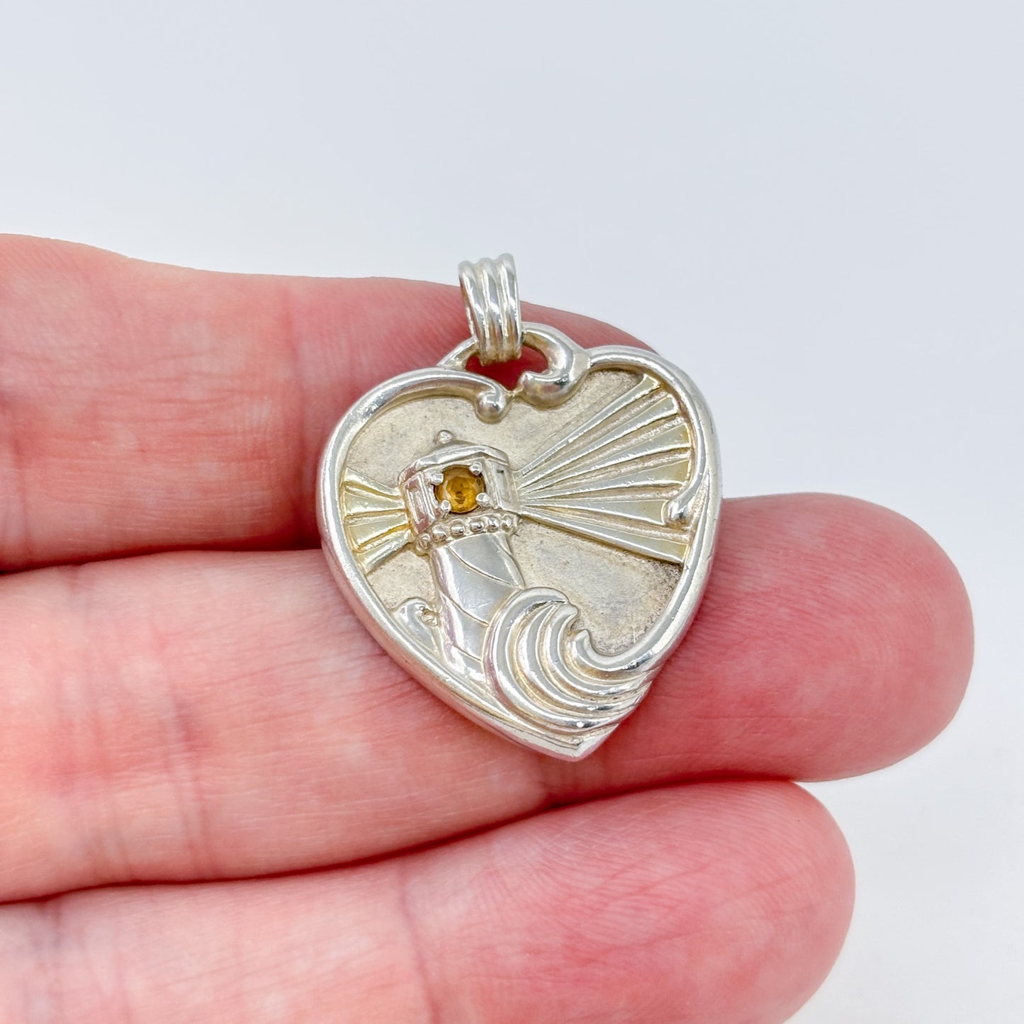 Vintage Gorham Sterling Silver 925 Citrine Lighthouse Heart Pendant