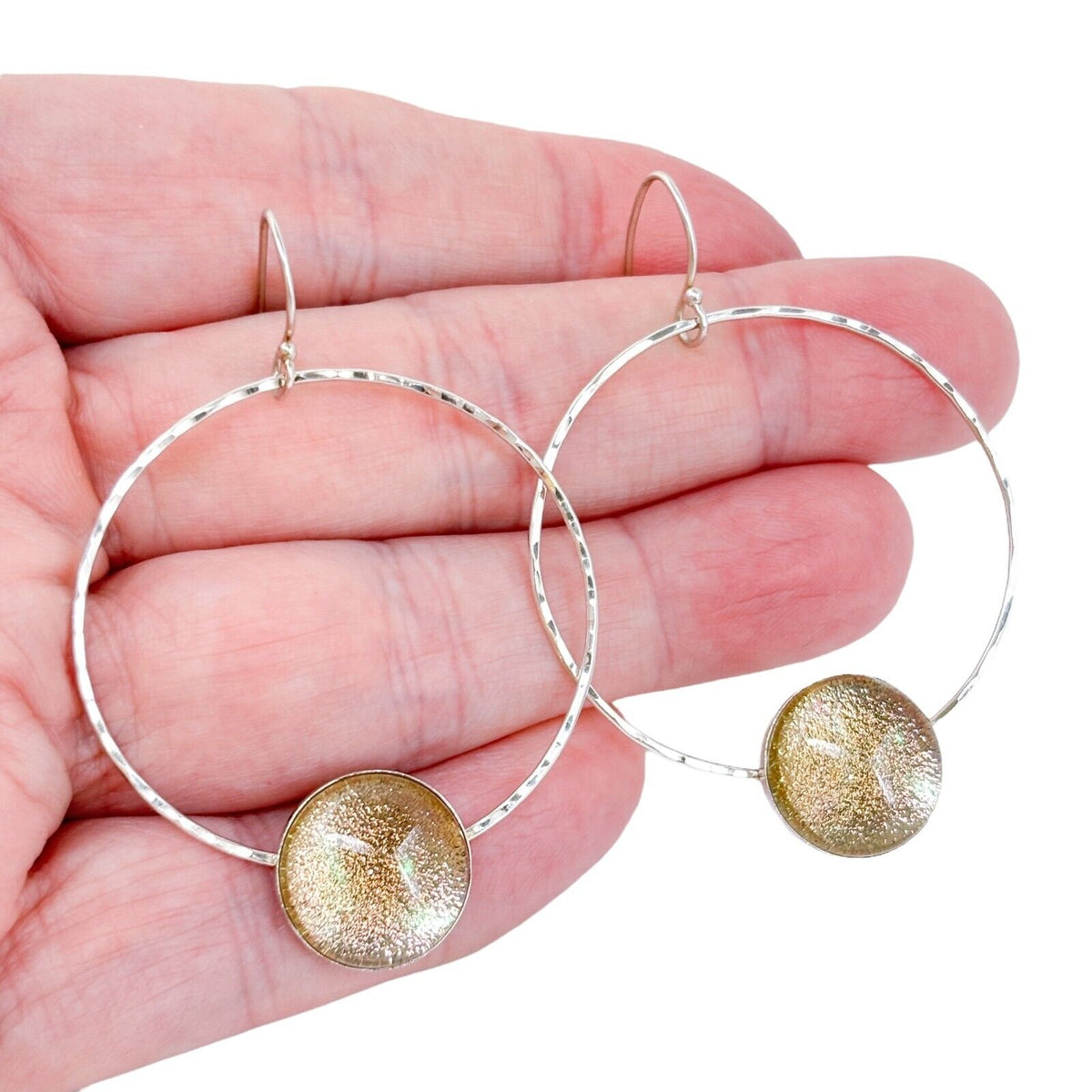 Vintage Silver-Tone Hoop Glass Accent Dangle Earrings