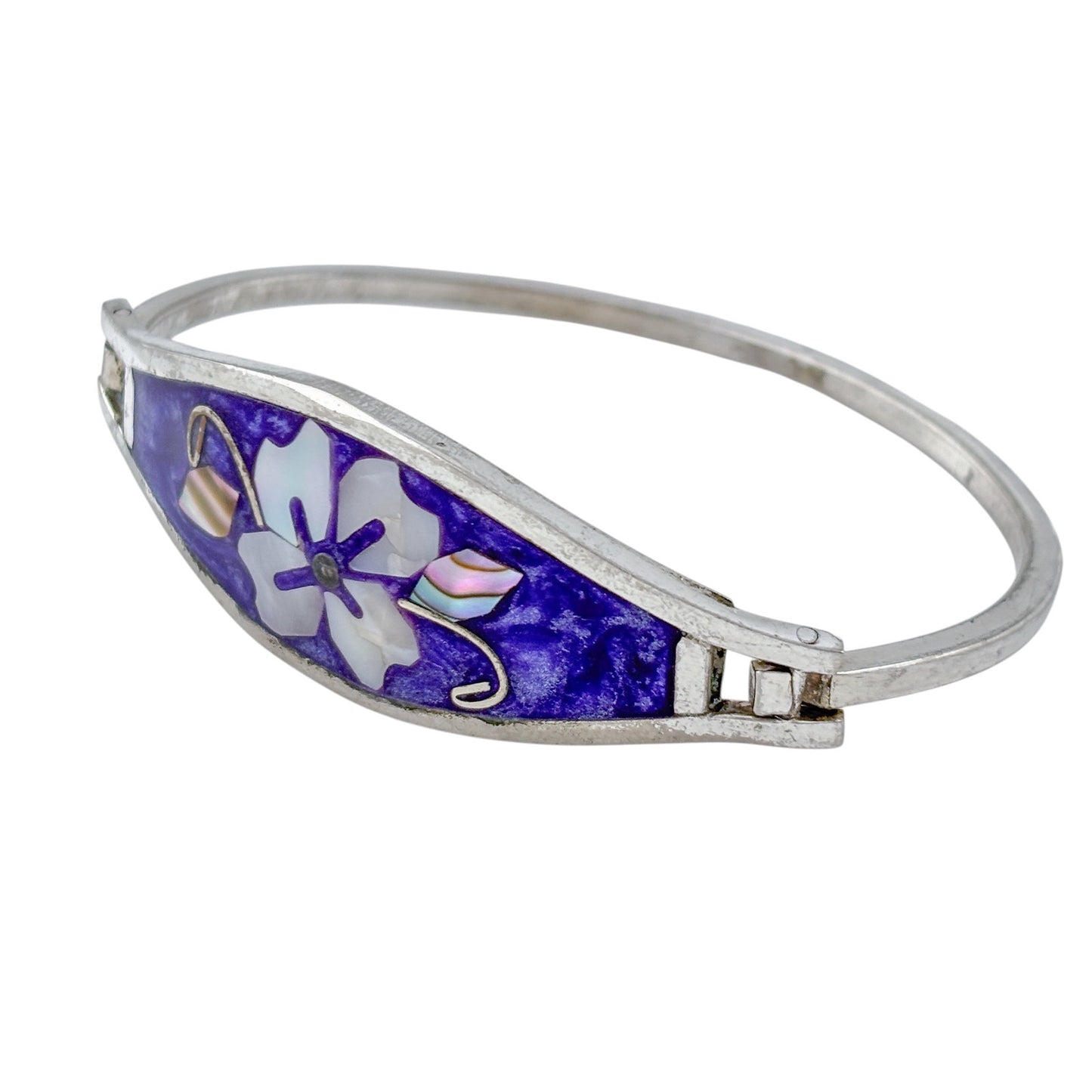 Vintage Alpaca Mexico Purple Abalone Flower Bangle Bracelet 6"