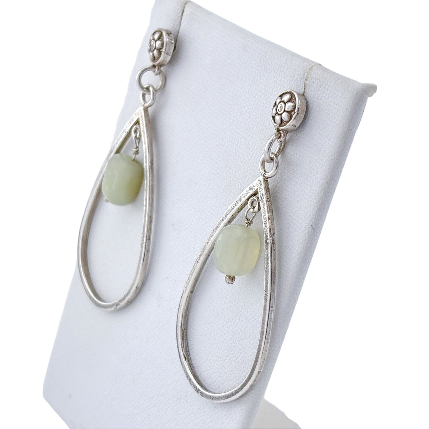 Vintage Sterling Silver 925 Chrysoprase Stone Dangle Open Teardrop Earrings
