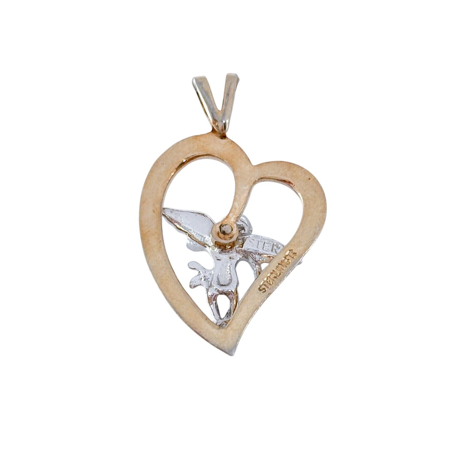 Vintage Sterling Silver 925 Heart and Angel Pendant with Worn Gold Plating