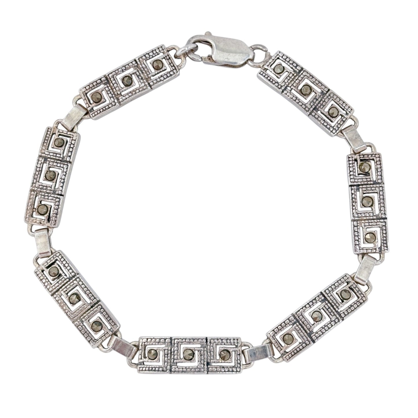 Estate Sterling Silver 925 Marcasite Greek Key Bracelet 7.5"