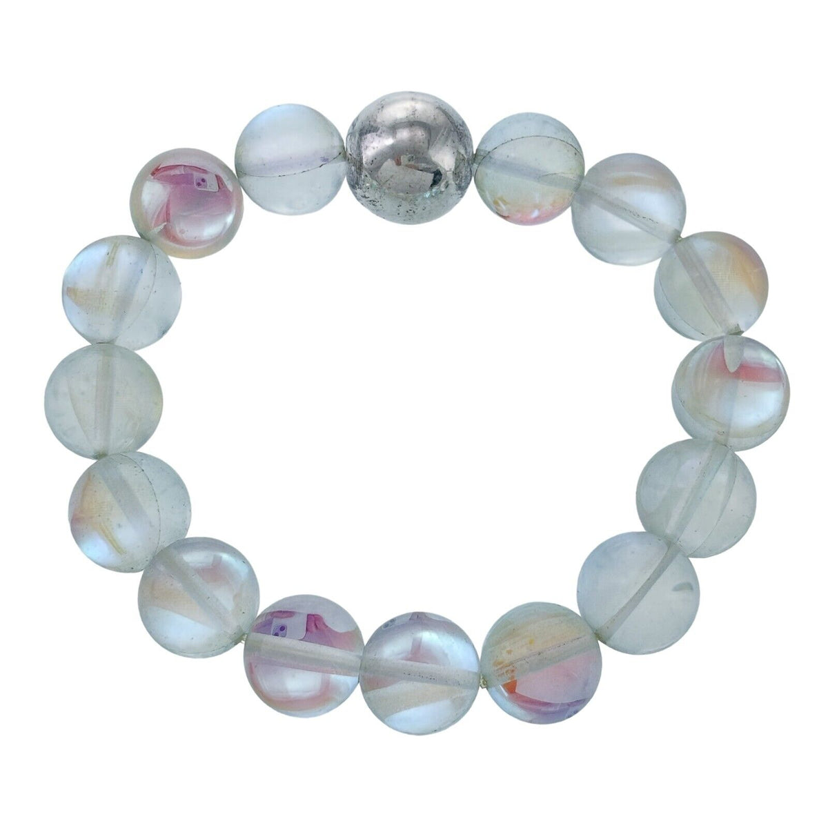 Vintage Silver-Tone Opalescent Frosted Glass Bead Stretch Bracelet 6.25"
