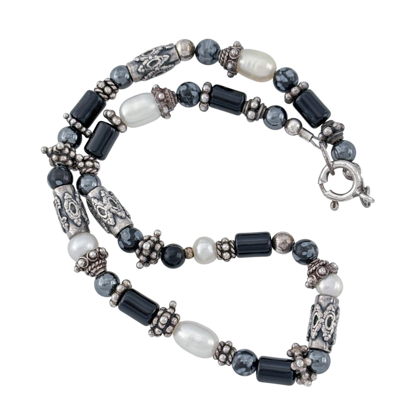 Vintage Sterling Silver 925 Snowflake Obsidian Pearl Anklet 10"