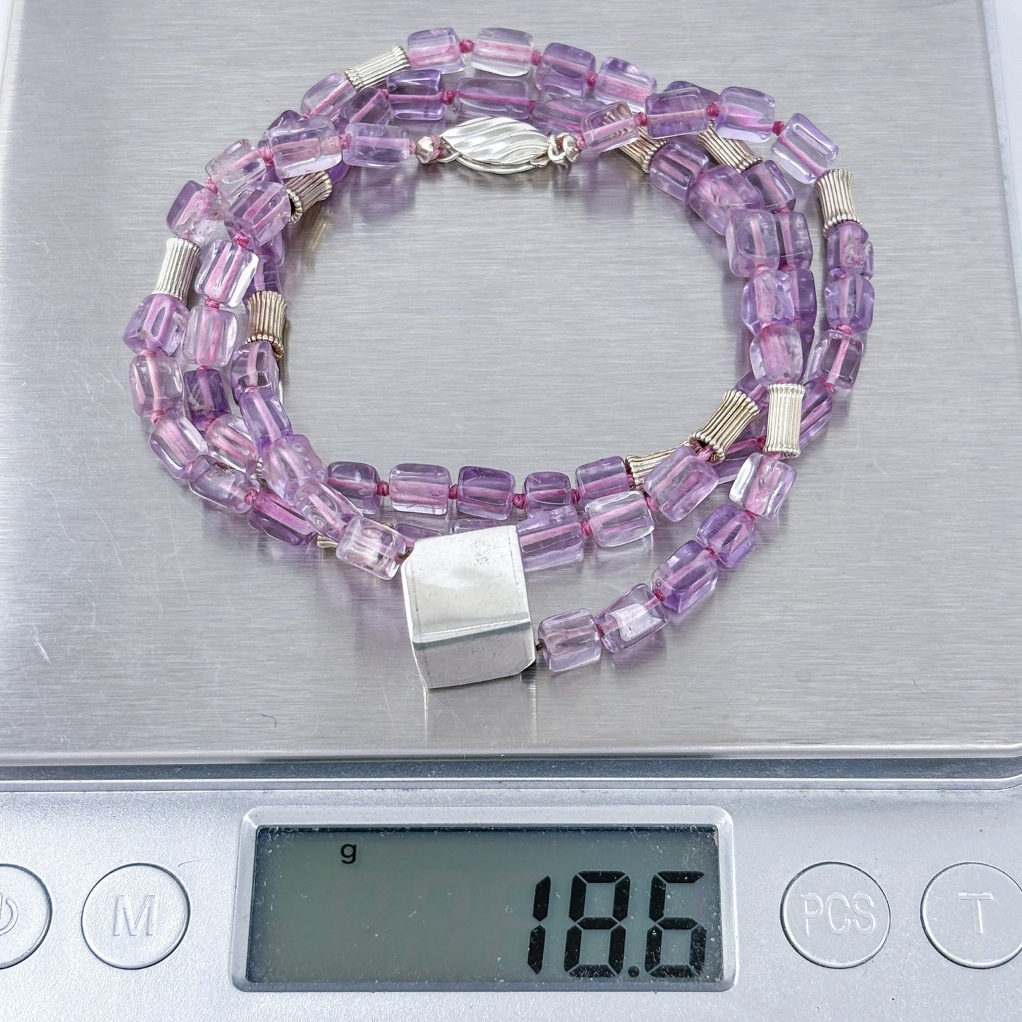 Vintage Sterling Silver 925 Amethyst & Cube Beaded Necklace 21"