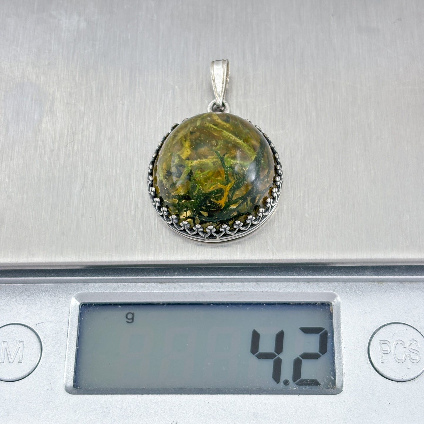 Vintage Sterling Silver 925 Moss Resin Pendant