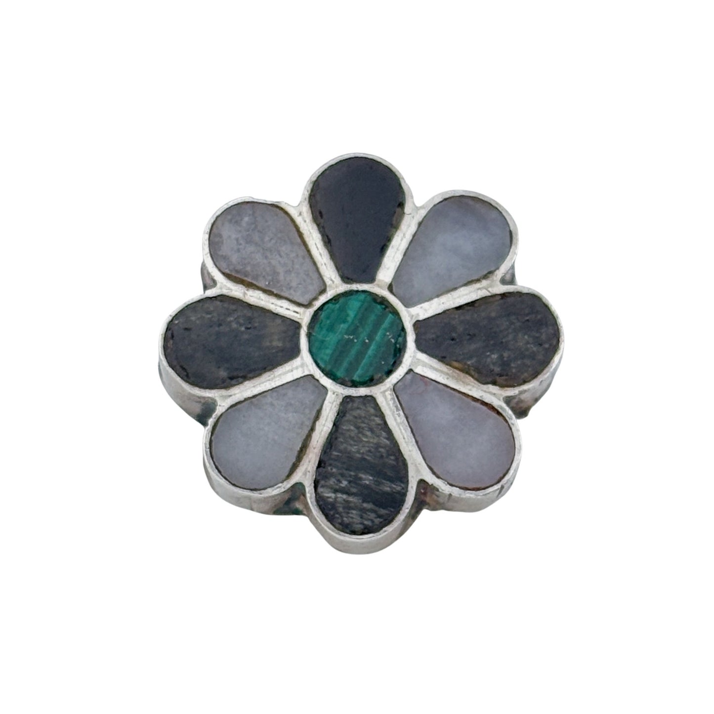 Vintage Sterling Silver 925 Malachite Mother Of Pearl Jet Flower Pendant