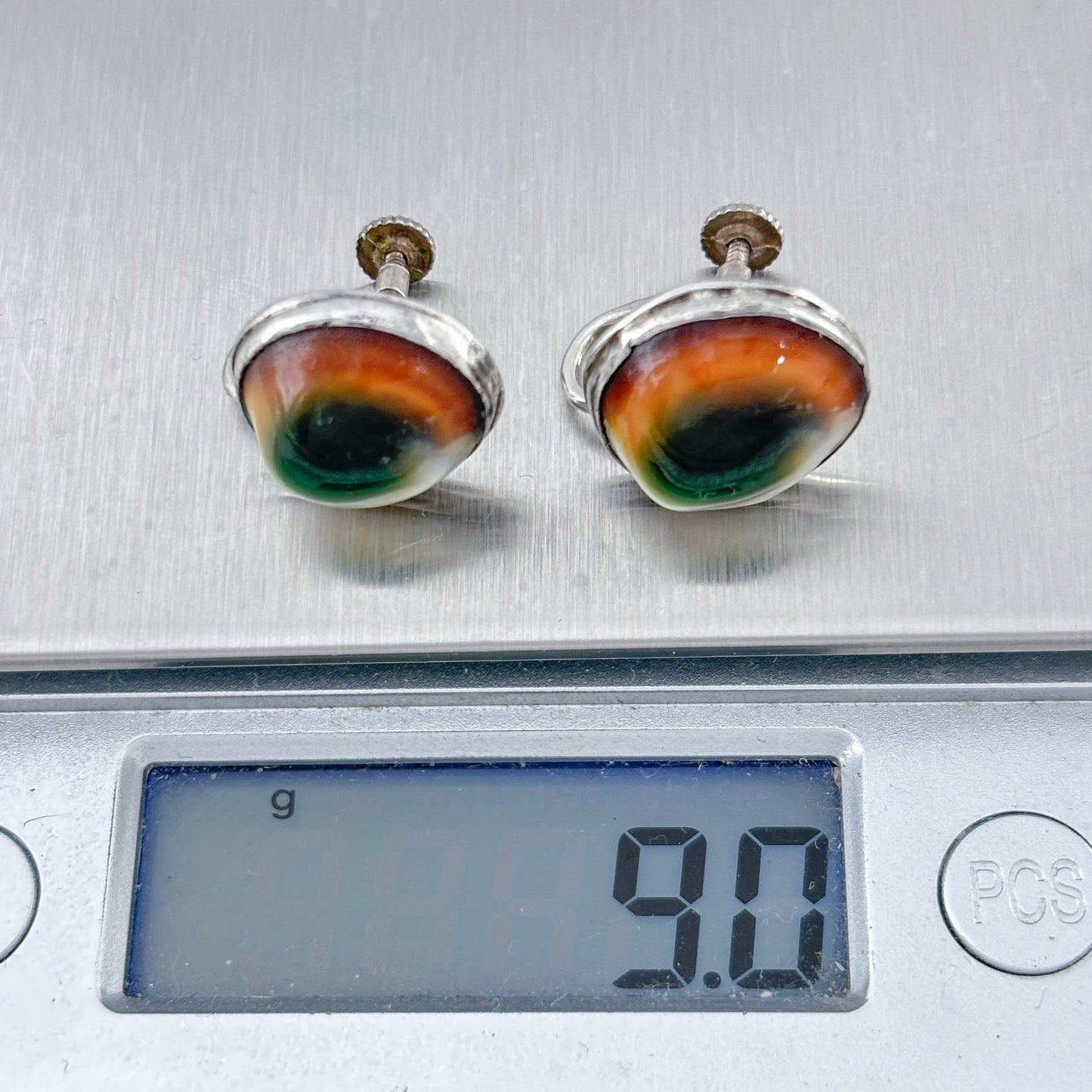 Vintage Sterling Silver 925 Green Cat’s Eye Shiva Shell Earrings
