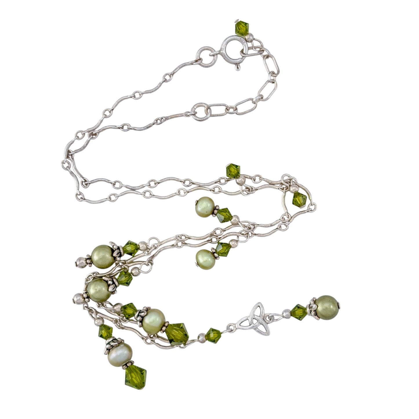 Vintage Sterling Silver 925 Green Crystal Pearl Necklace 16"-17.5"